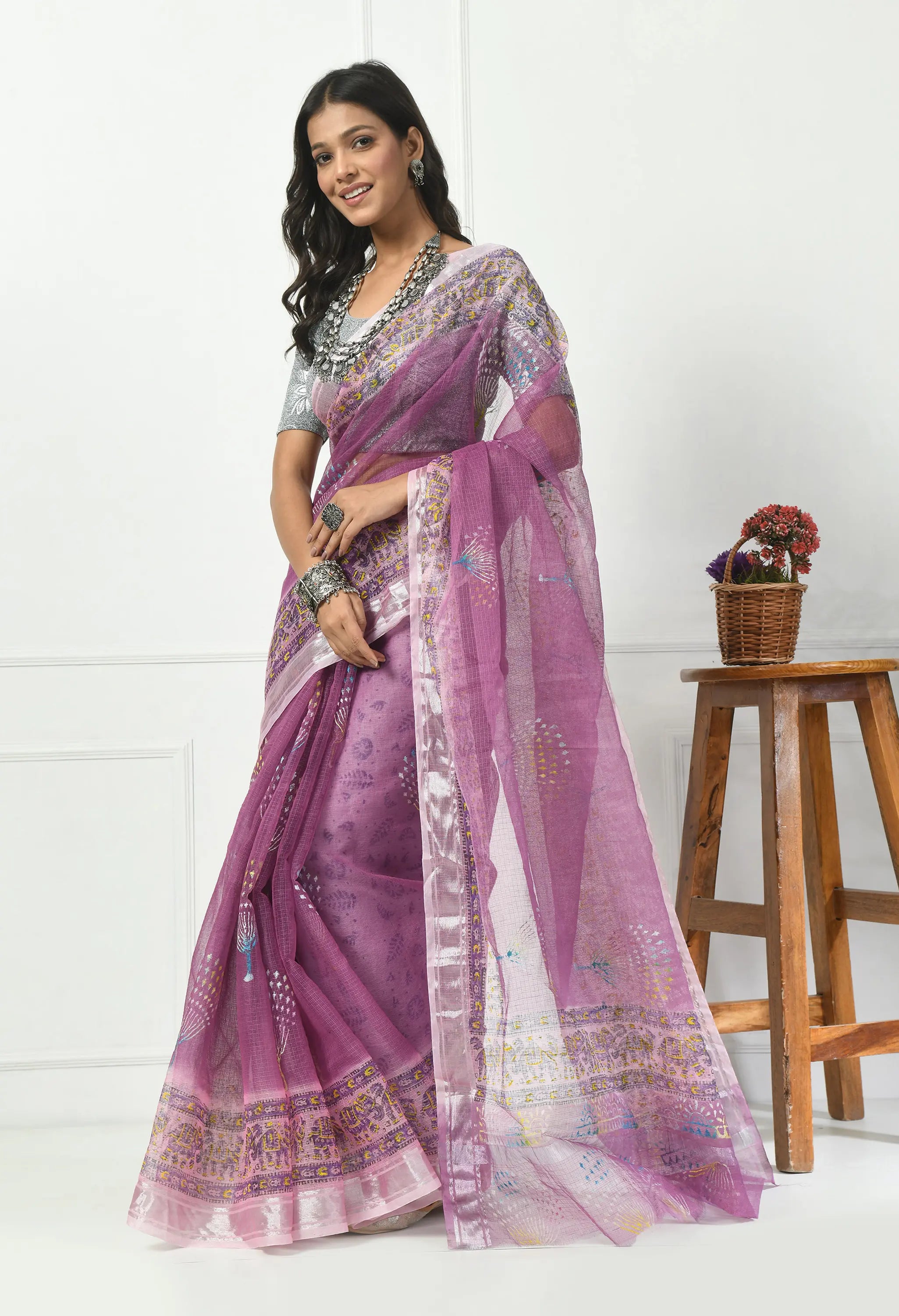 Lavender Kota Doria with Silver Border Saree