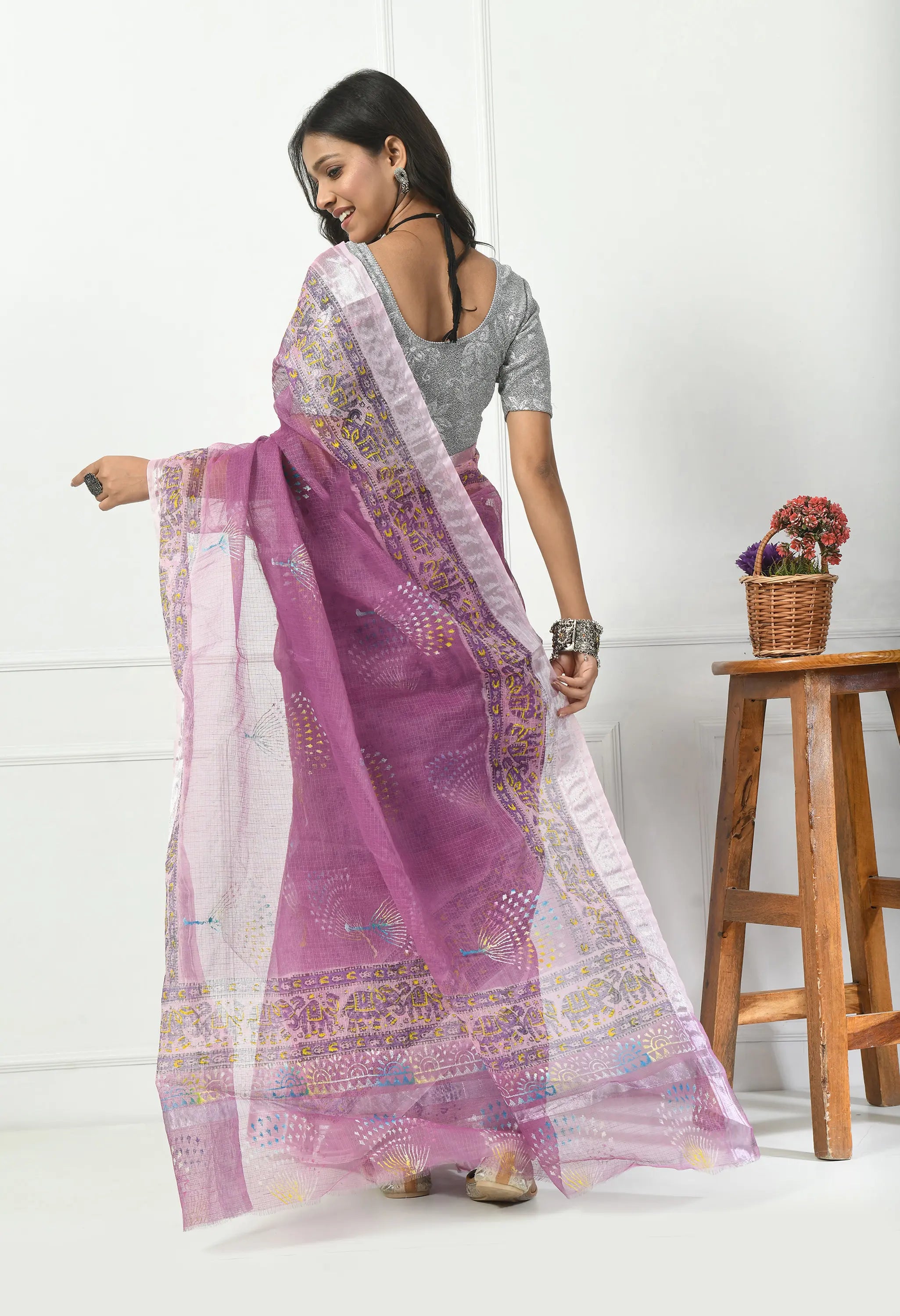 Lavender Kota Doria with Silver Border Saree