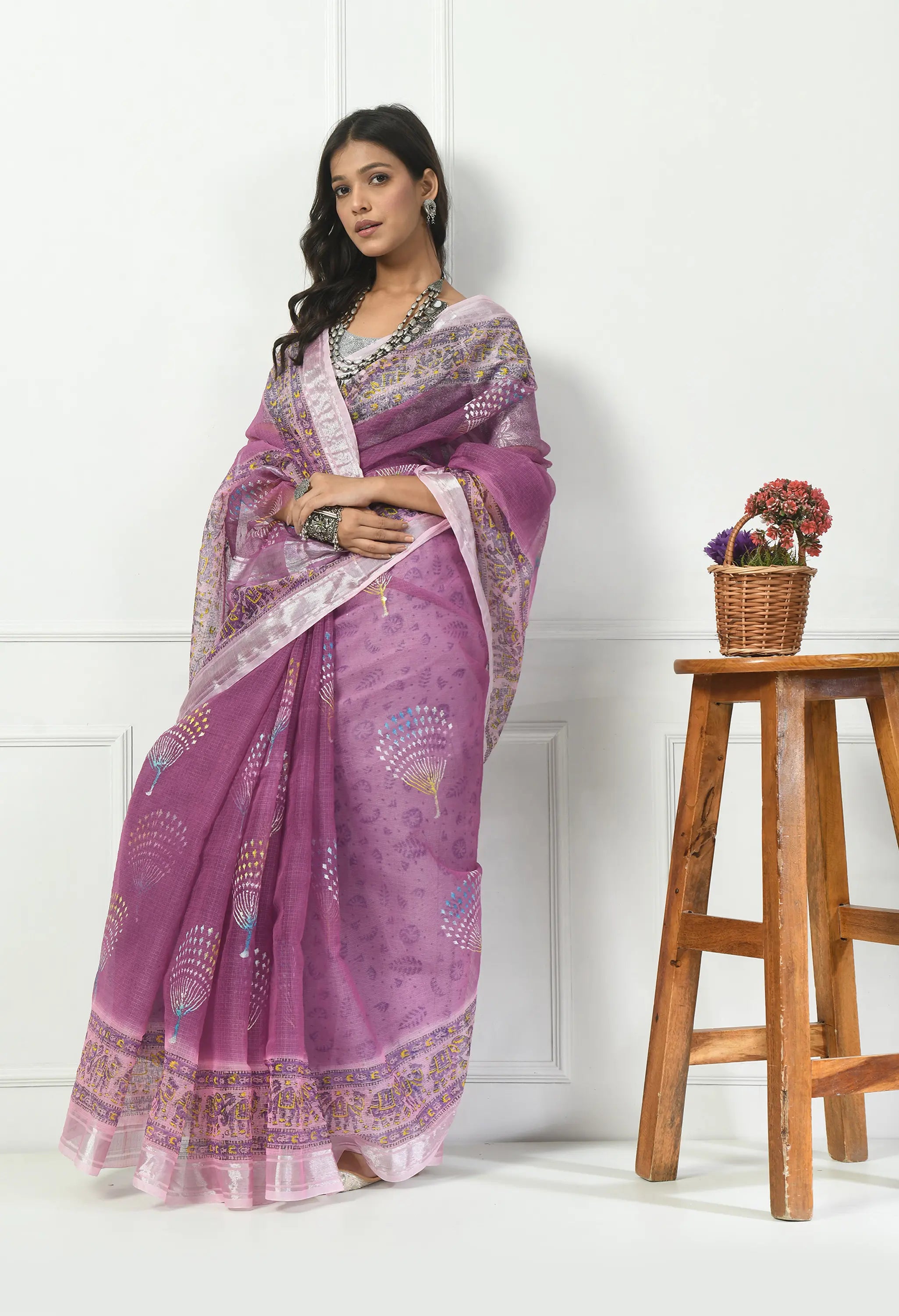 Lavender Kota Doria with Silver Border Saree