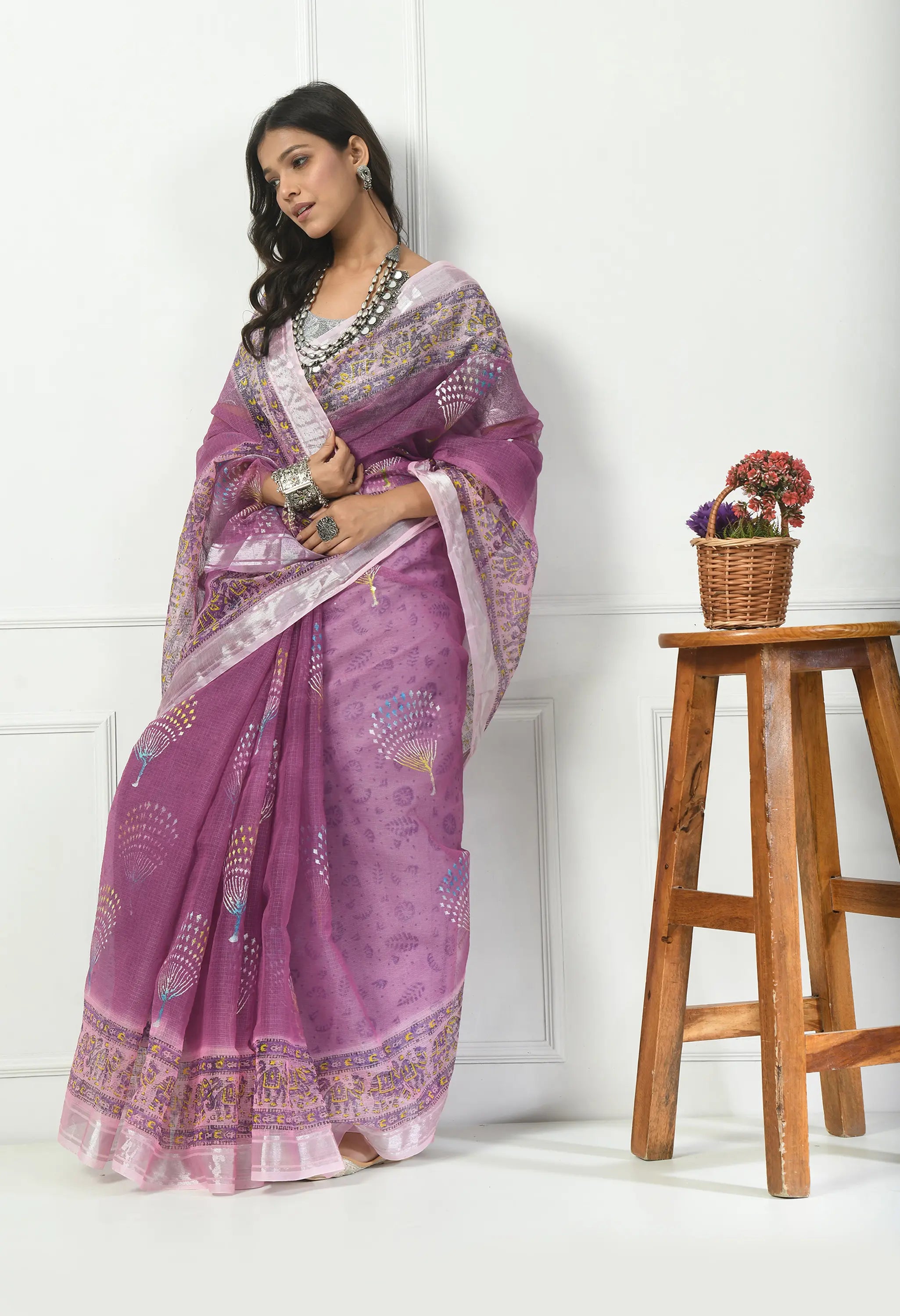 Lavender Kota Doria with Silver Border Saree