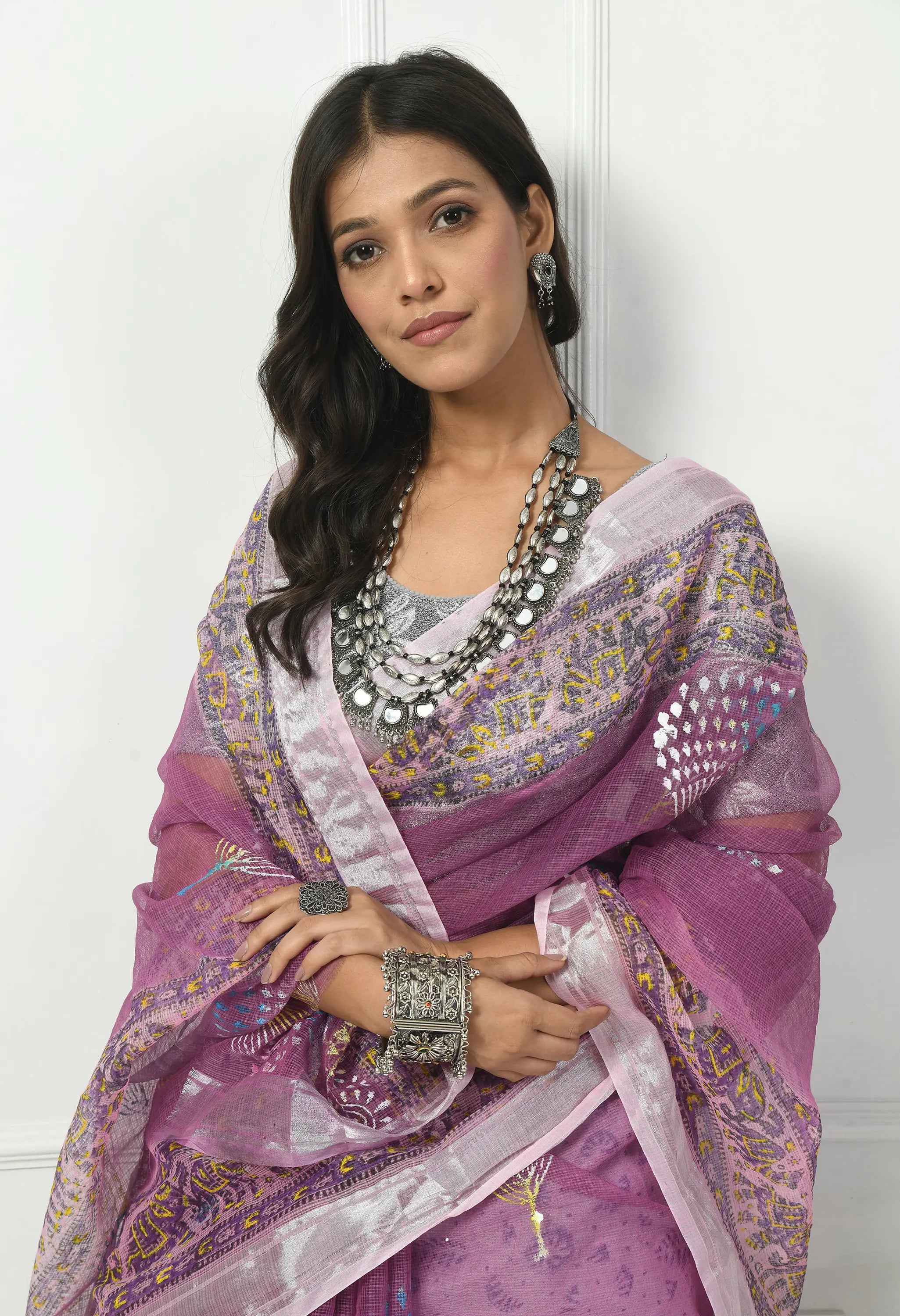 Lavender Kota Doria with Silver Border Saree