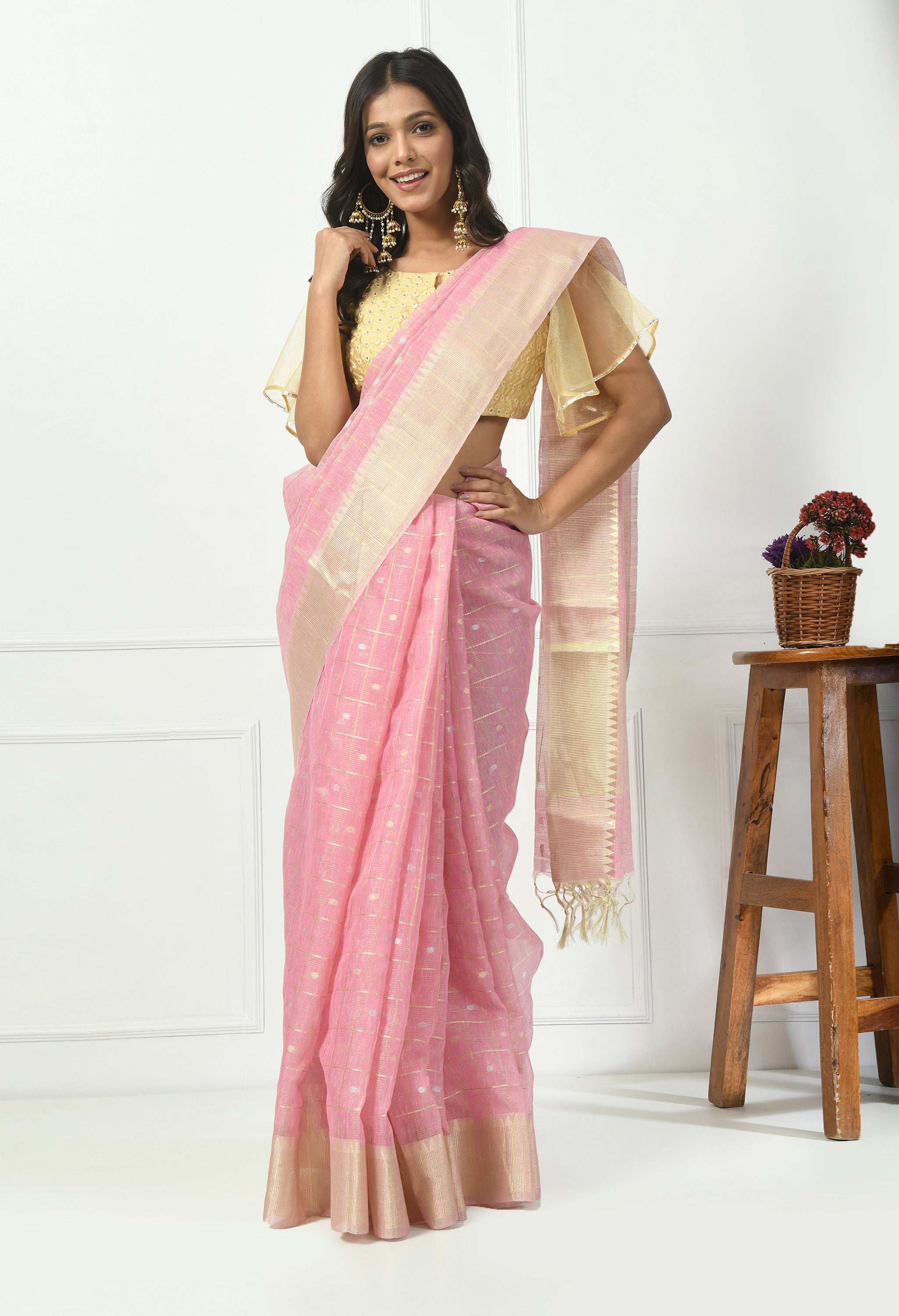 Pink Cotton with Light Gold Design Saree