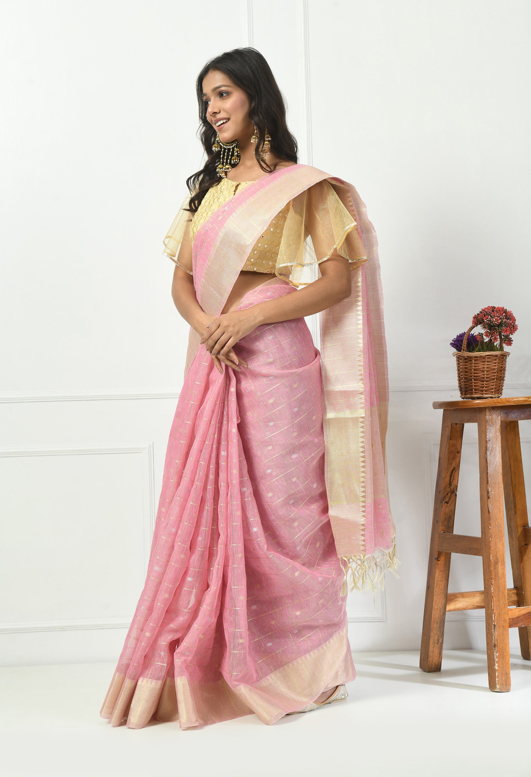 Pink Cotton with Light Gold Design Saree