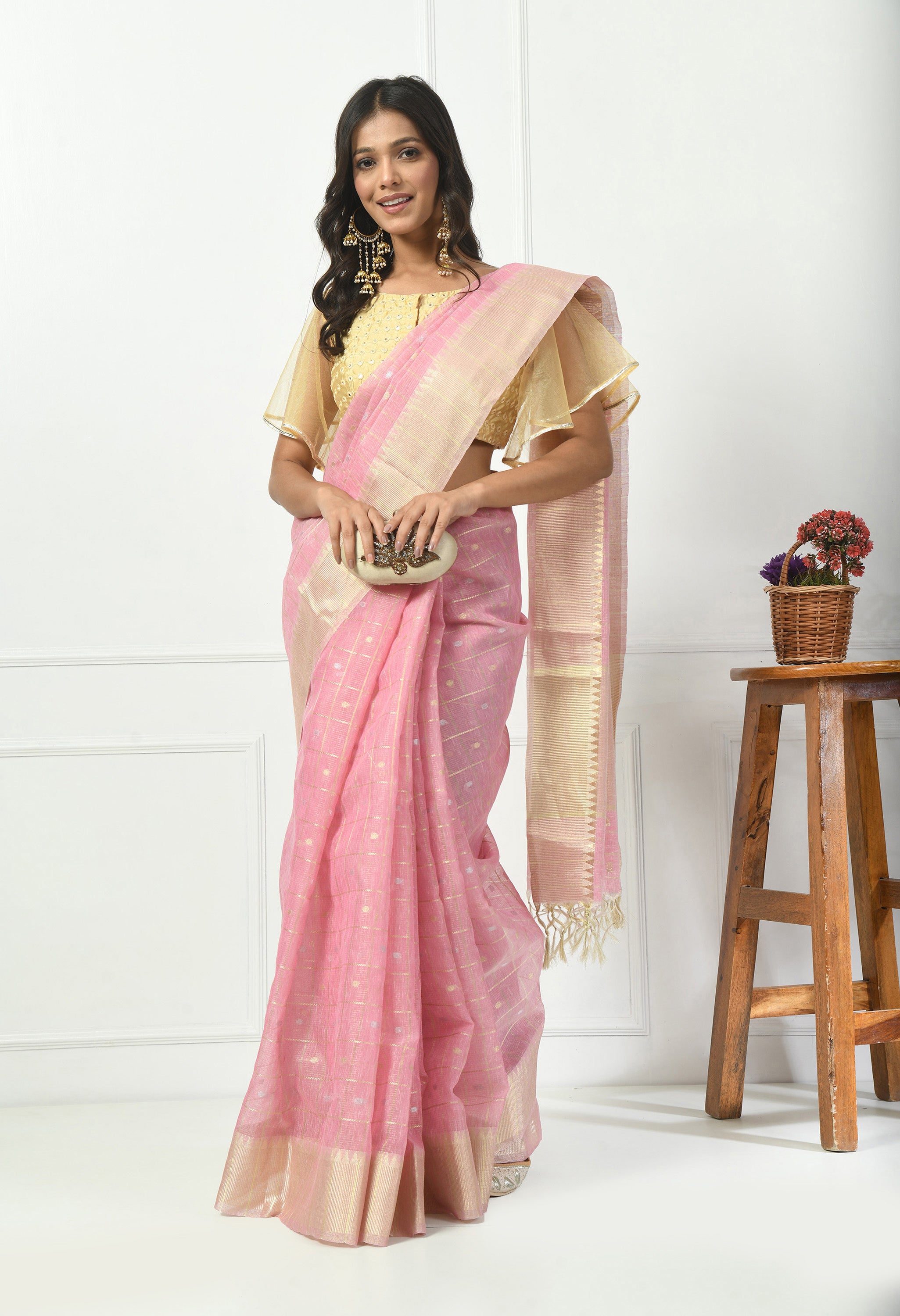 Pink Cotton with Light Gold Design Saree