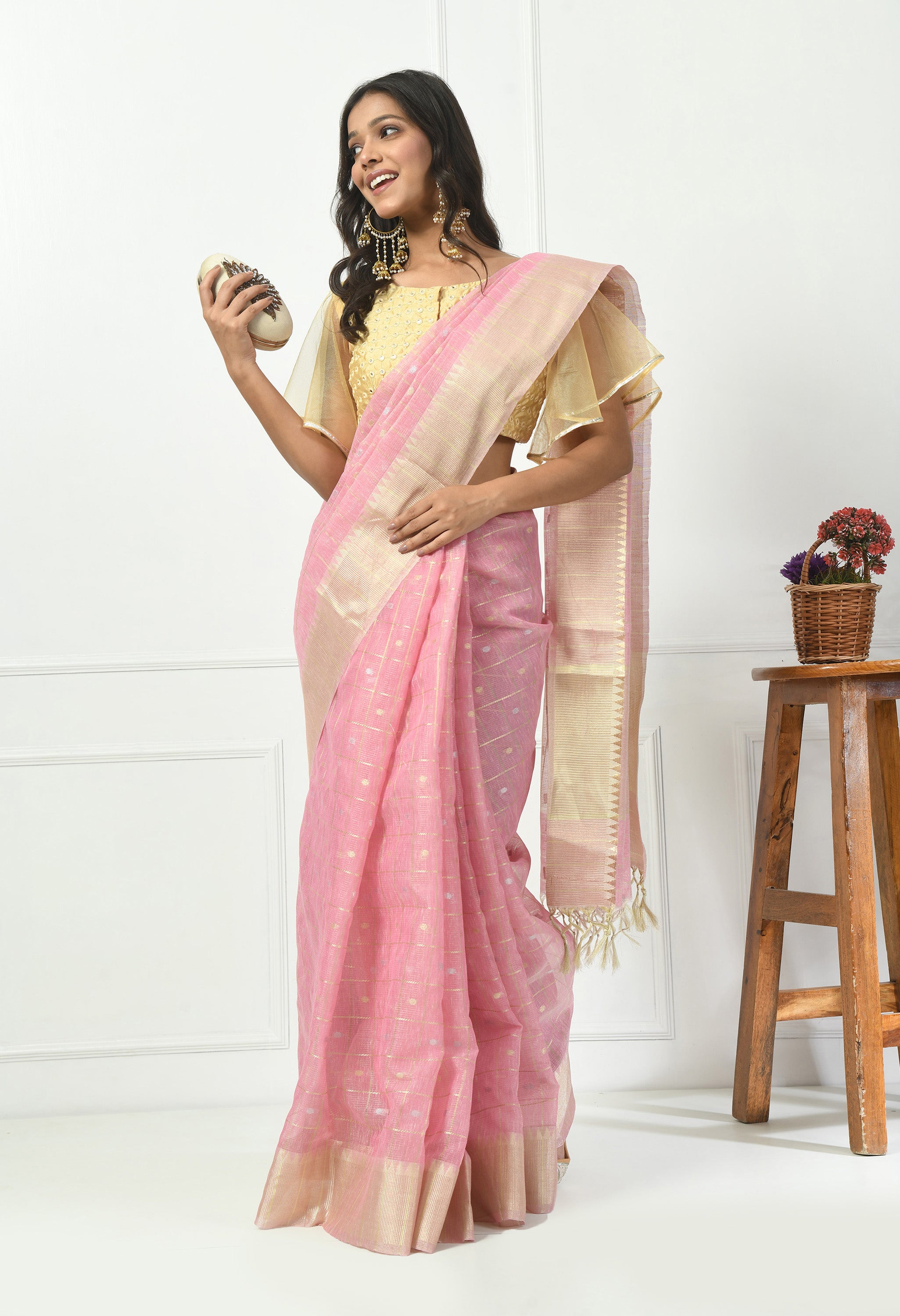 Pink Cotton with Light Gold Design Saree