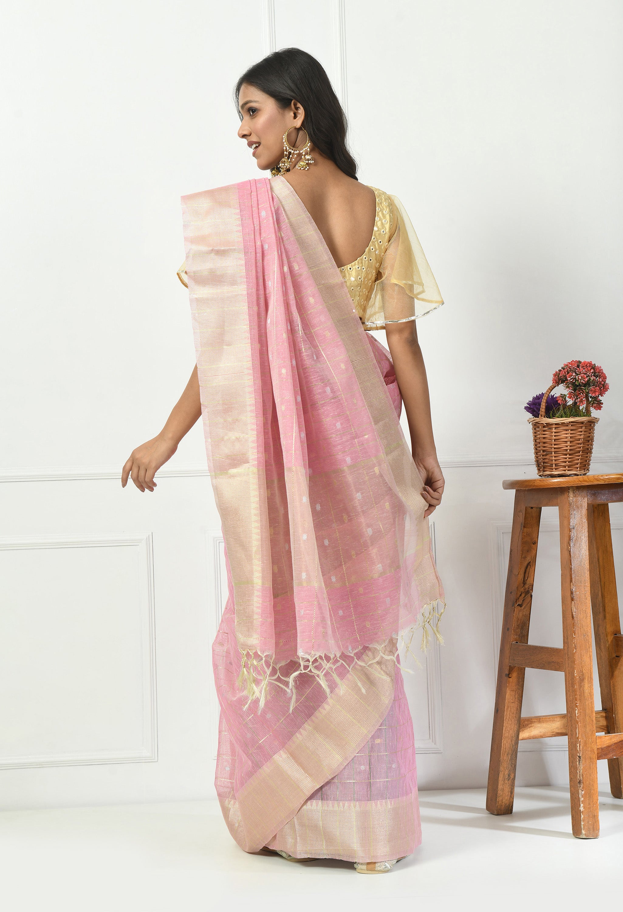 Pink Cotton with Light Gold Design Saree