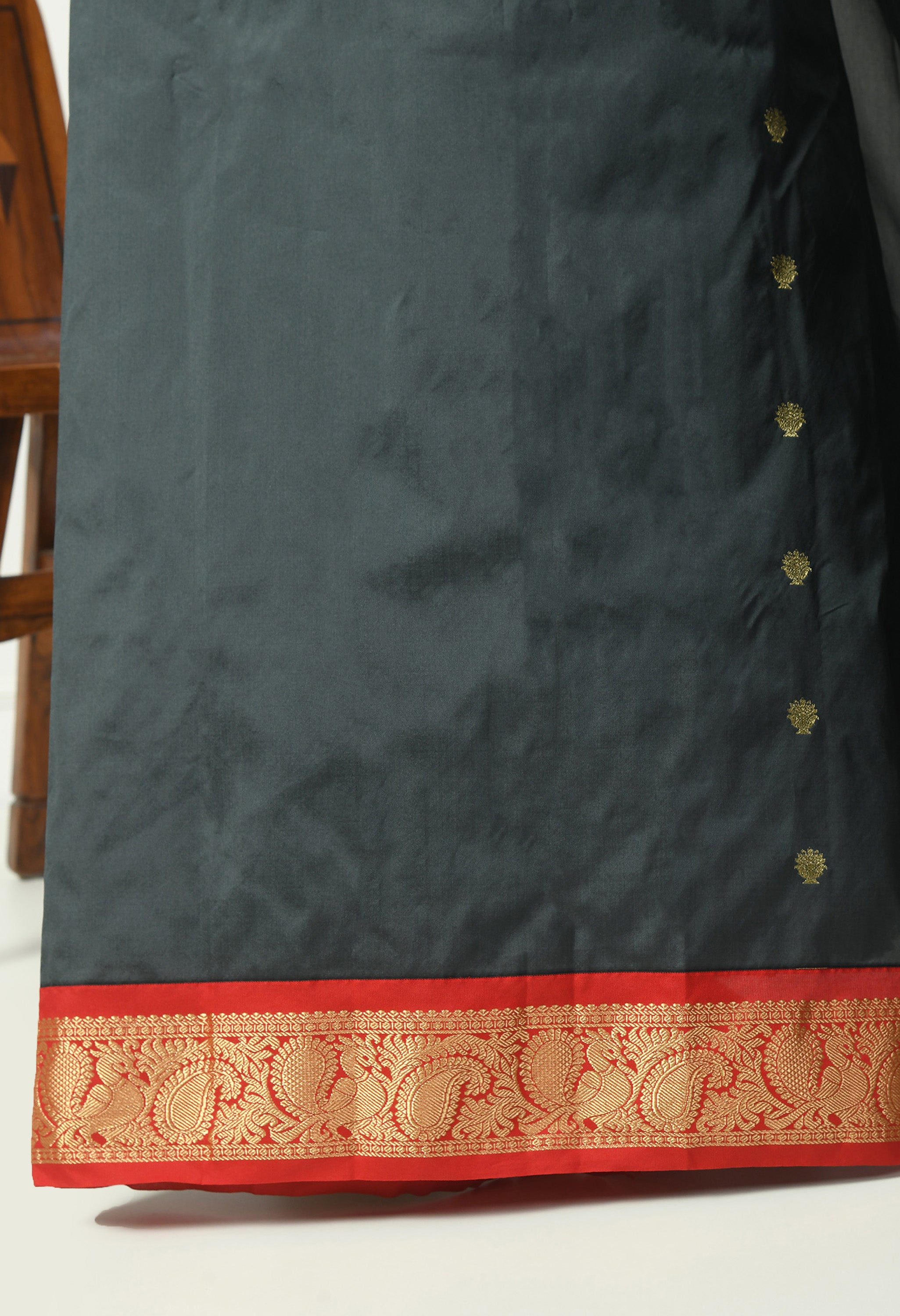 Slate Grey Bangalore Kadiyal Silk With Red and Gold Zari Border