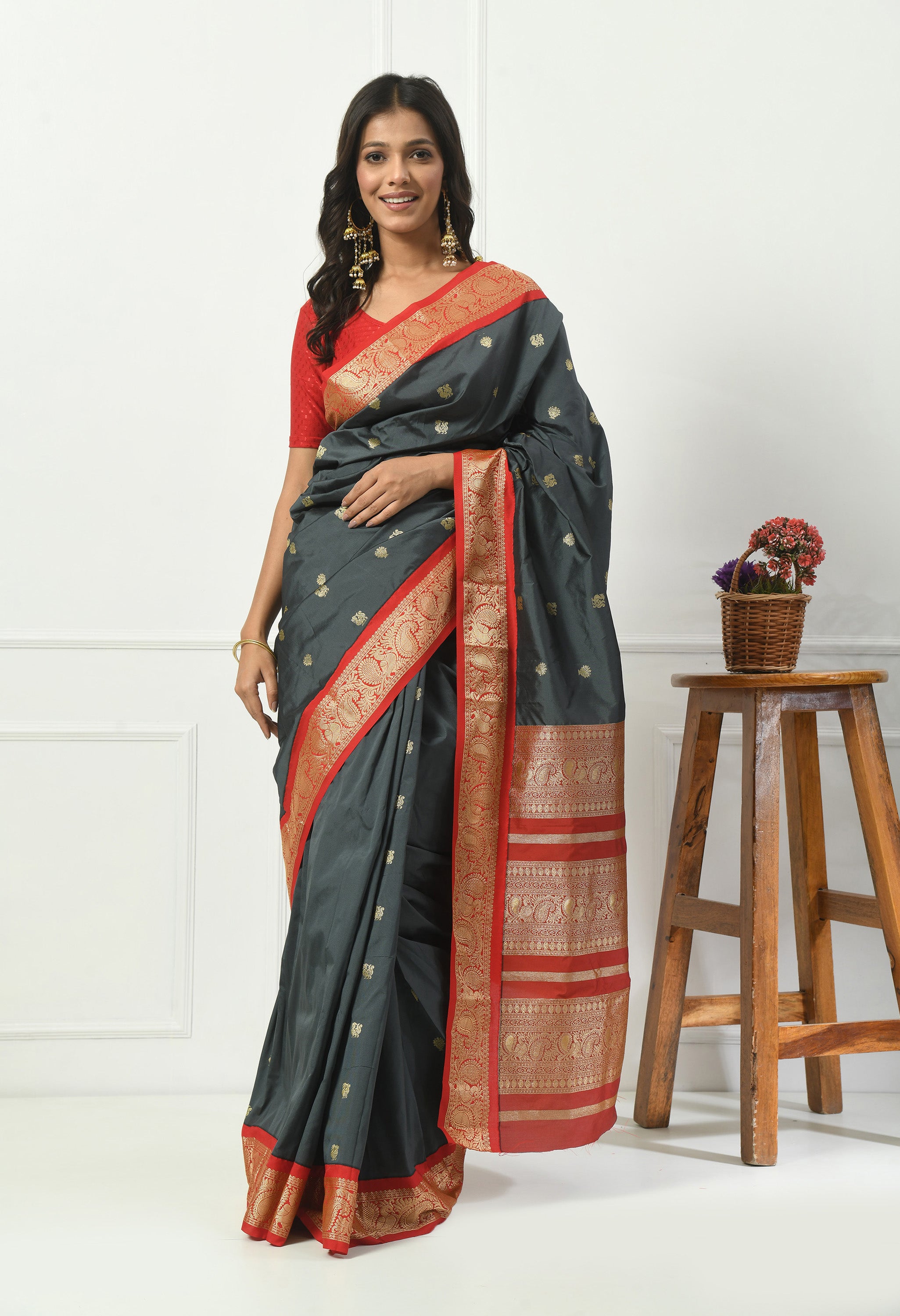 Slate Grey Bangalore Kadiyal Silk With Red and Gold Zari Border