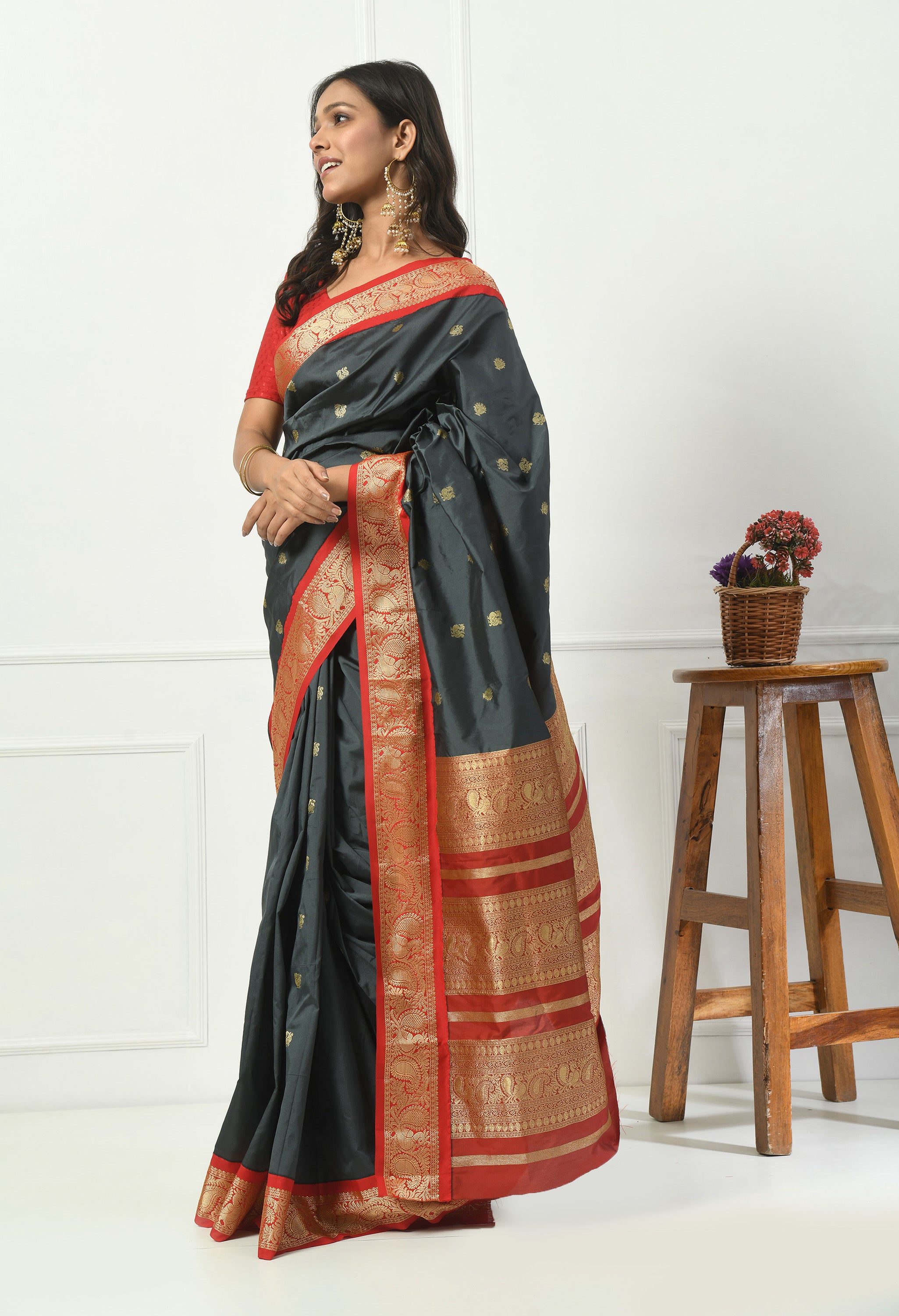 Slate Grey Bangalore Kadiyal Silk With Red and Gold Zari Border