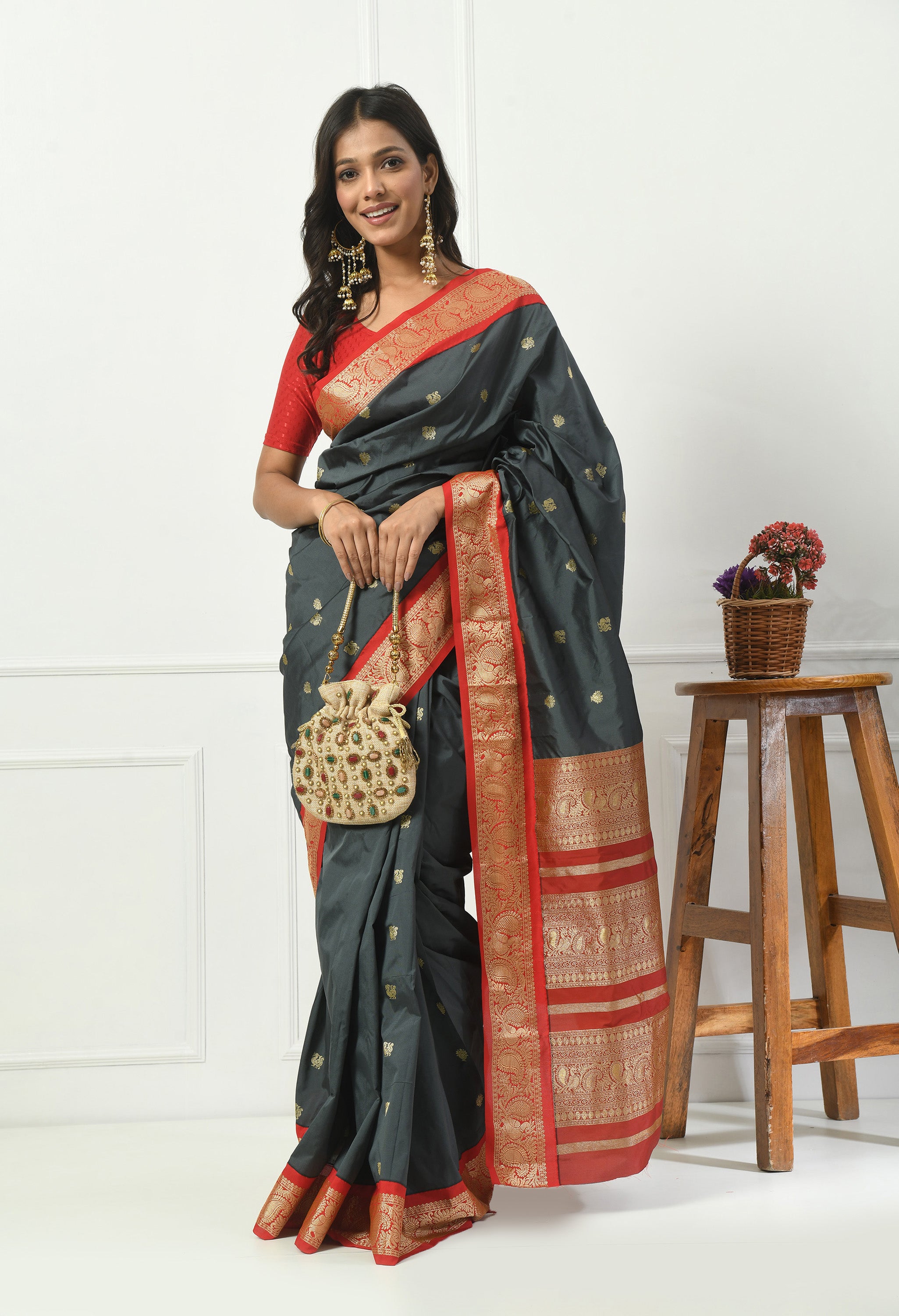 Slate Grey Bangalore Kadiyal Silk With Red and Gold Zari Border