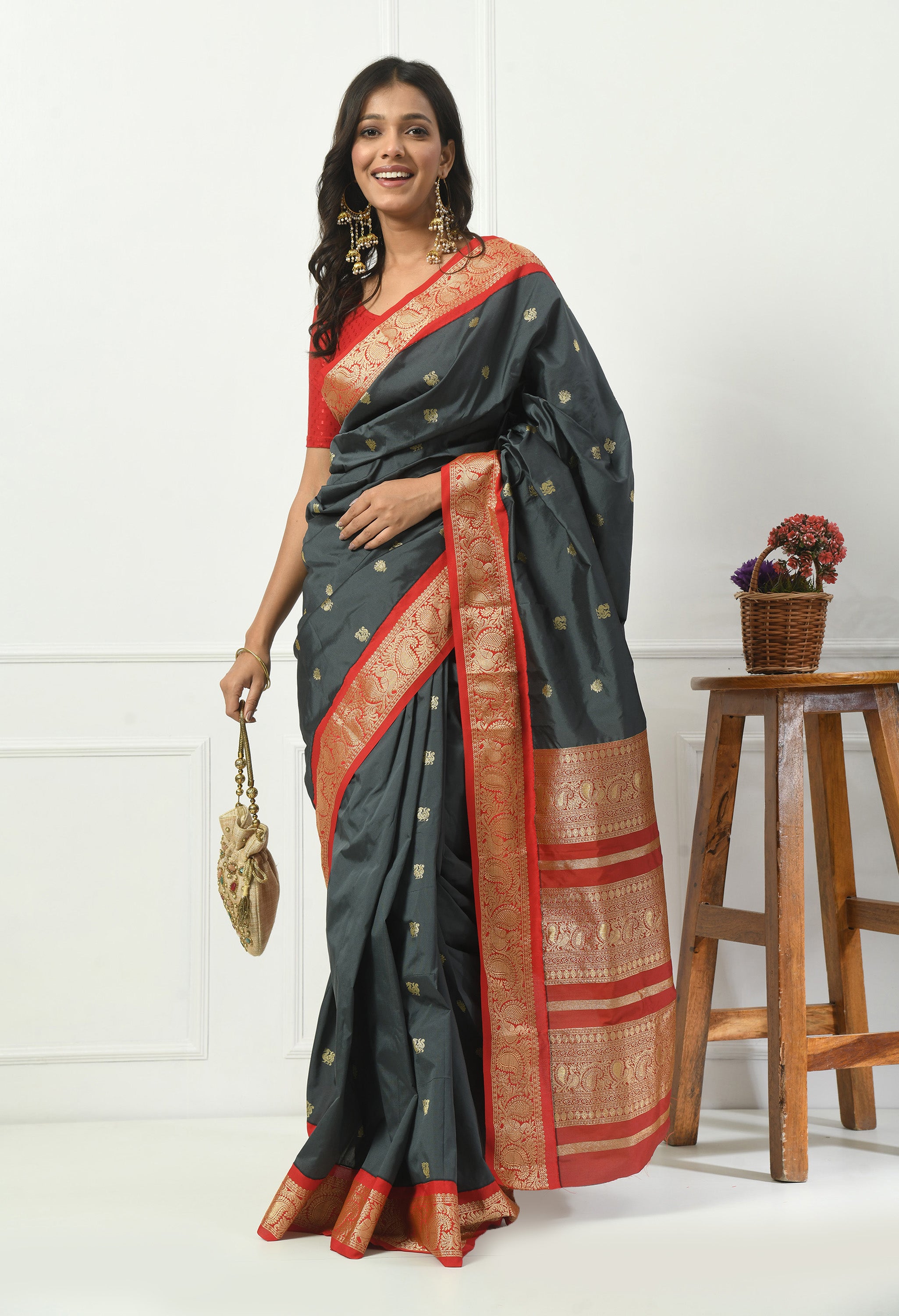 Slate Grey Bangalore Kadiyal Silk With Red and Gold Zari Border