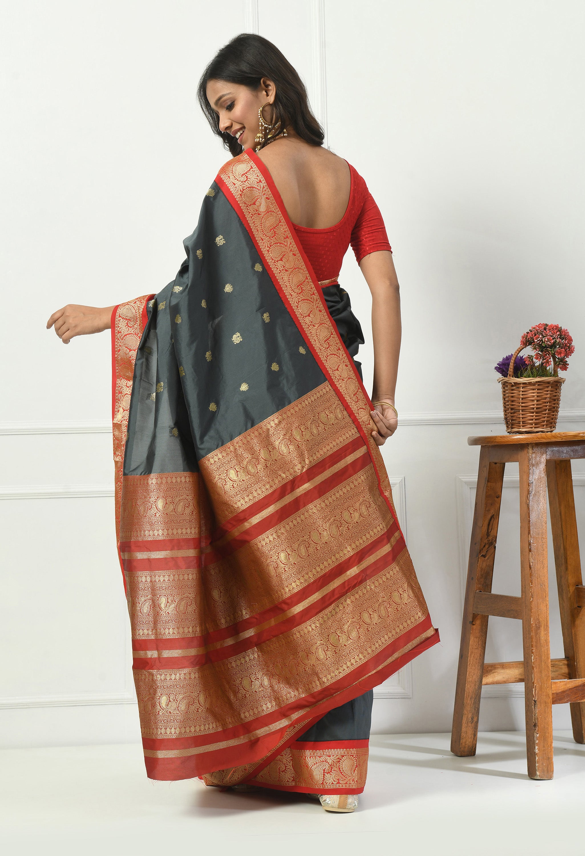 Slate Grey Bangalore Kadiyal Silk With Red and Gold Zari Border