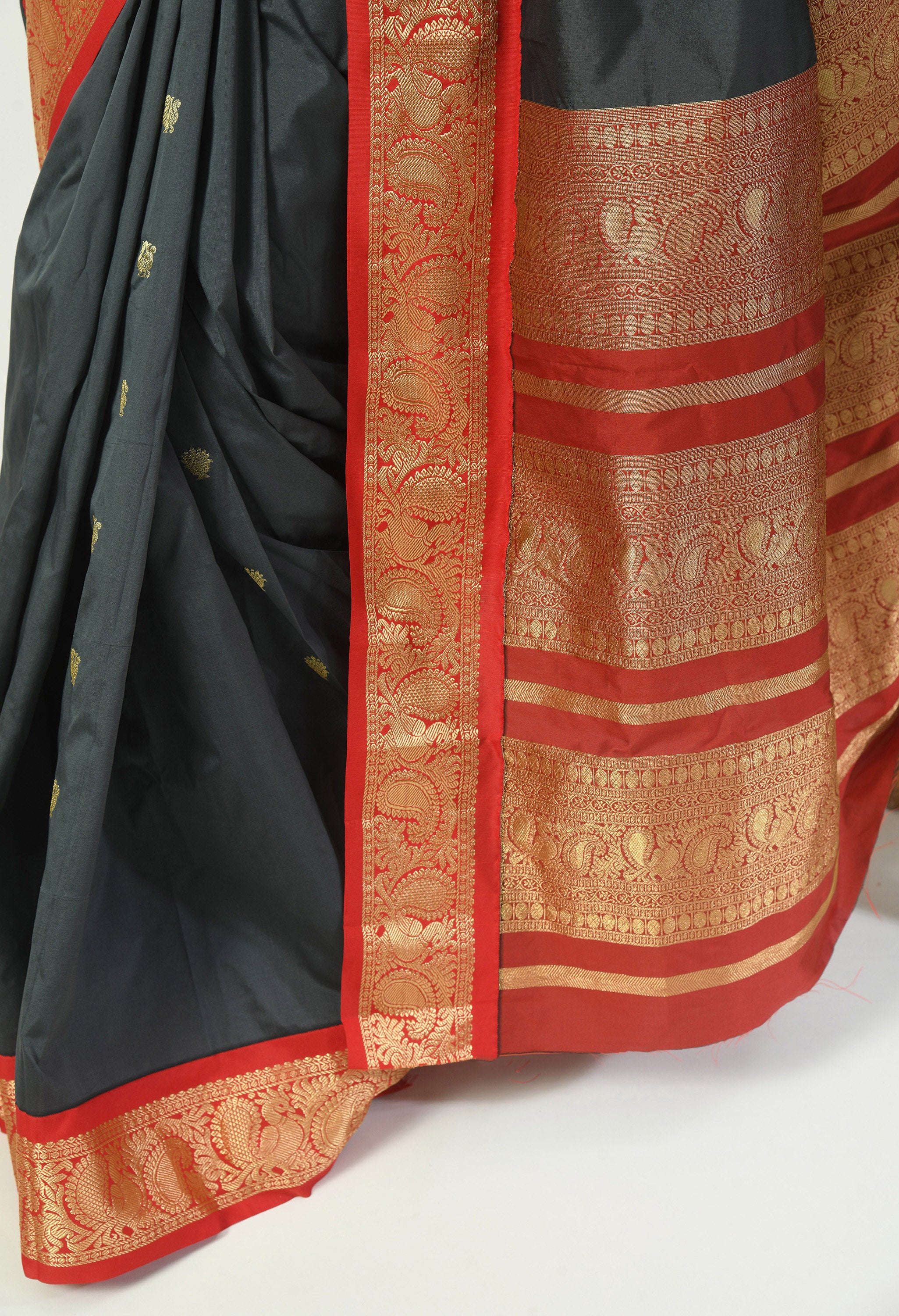 Slate Grey Bangalore Kadiyal Silk With Red and Gold Zari Border