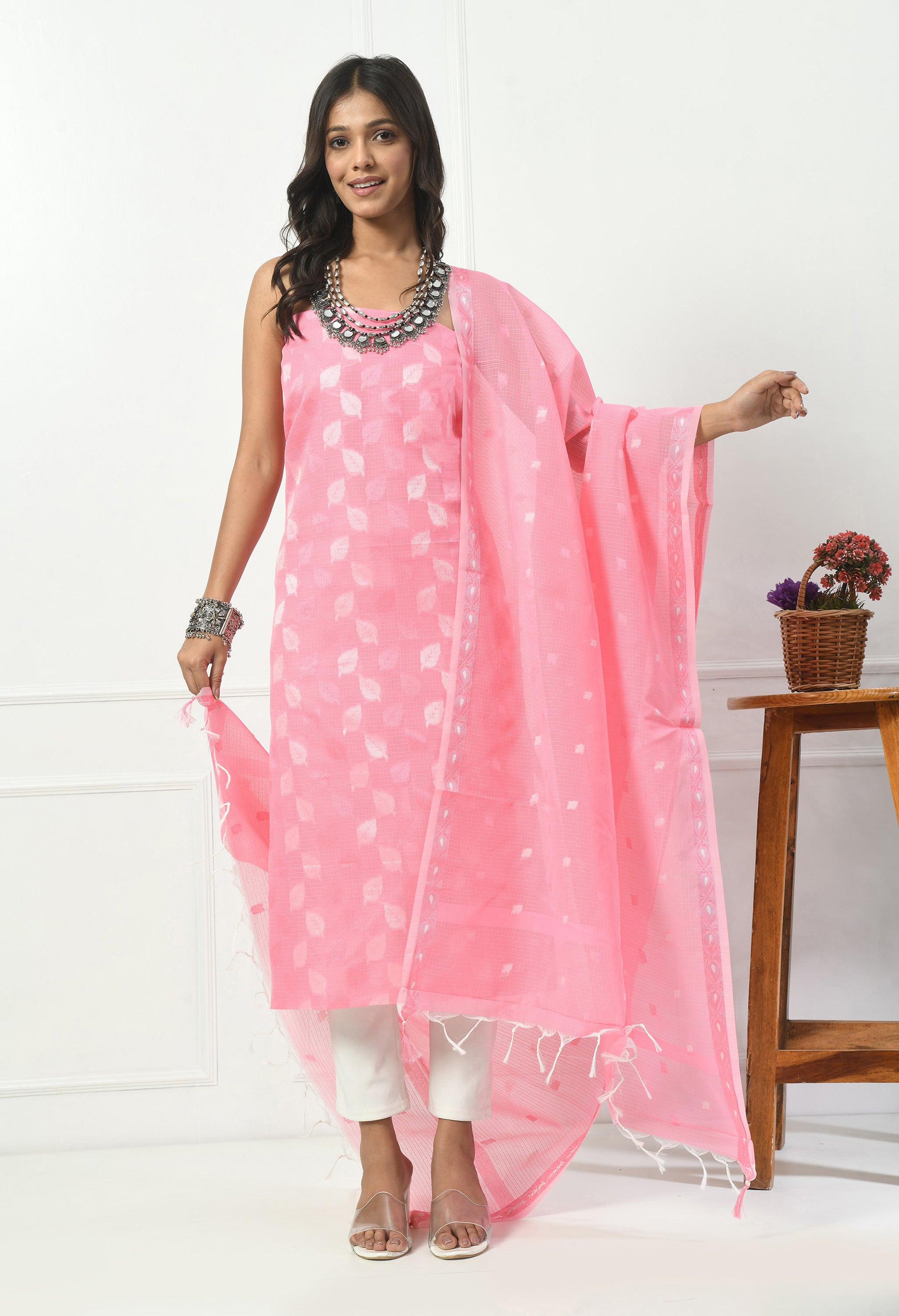 Pink Cotton with Leaf Design (Unstitched Suit)