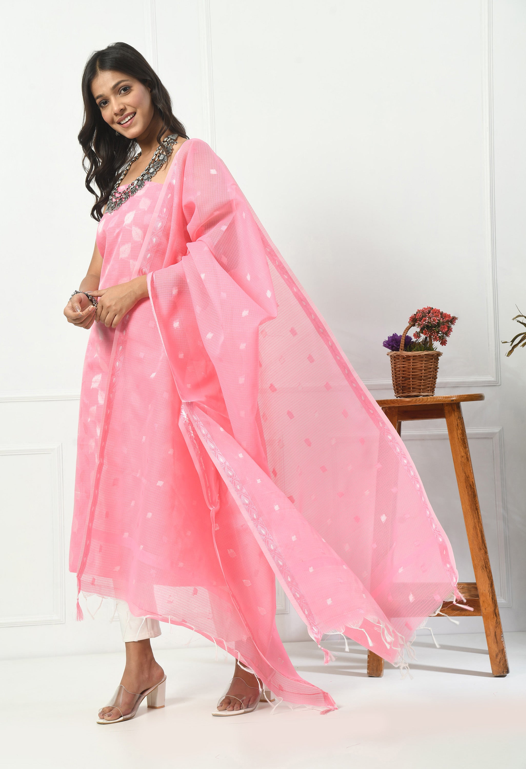 Pink Cotton with Leaf Design (Unstitched Suit)