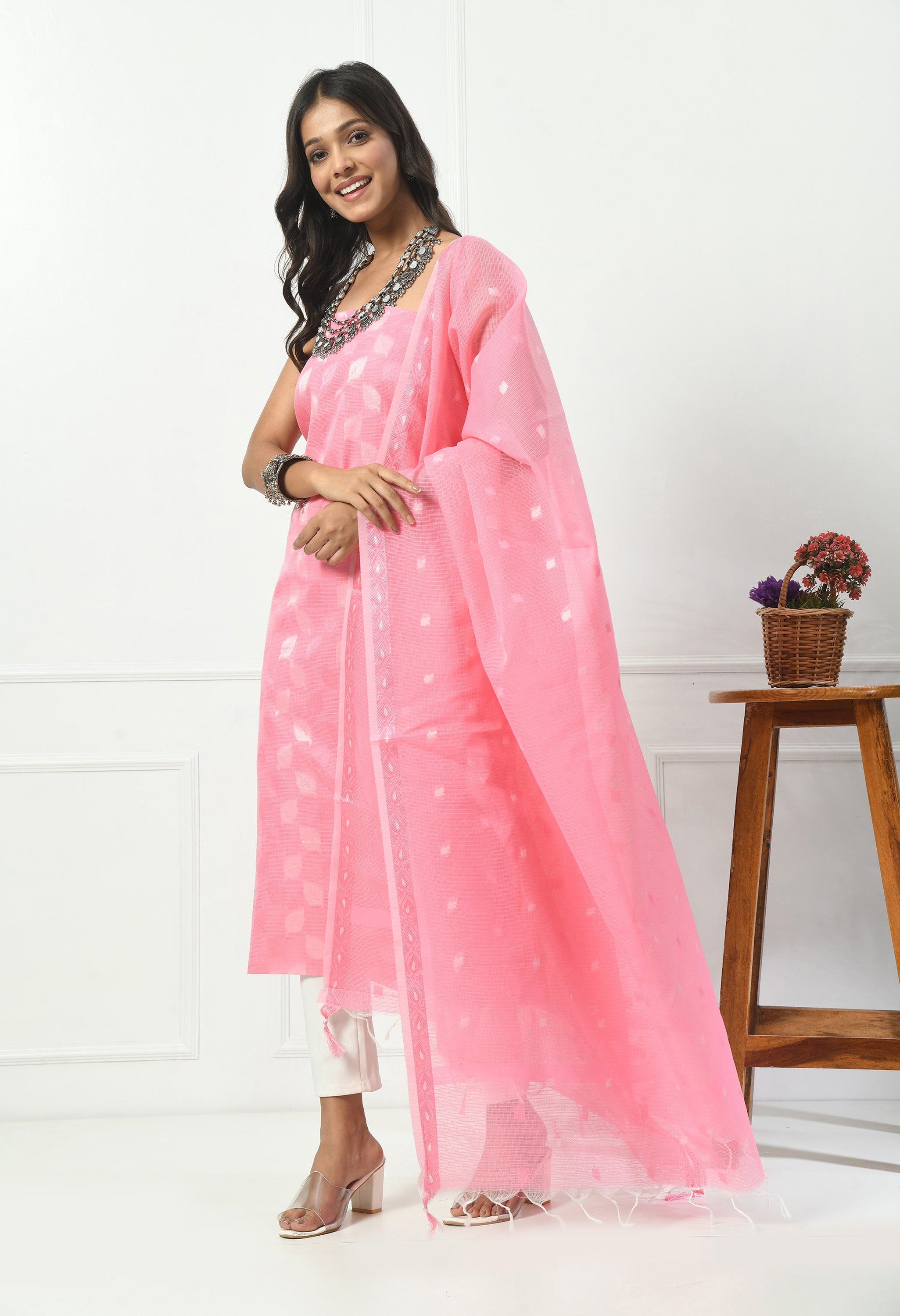 Pink Cotton with Leaf Design (Unstitched Suit)