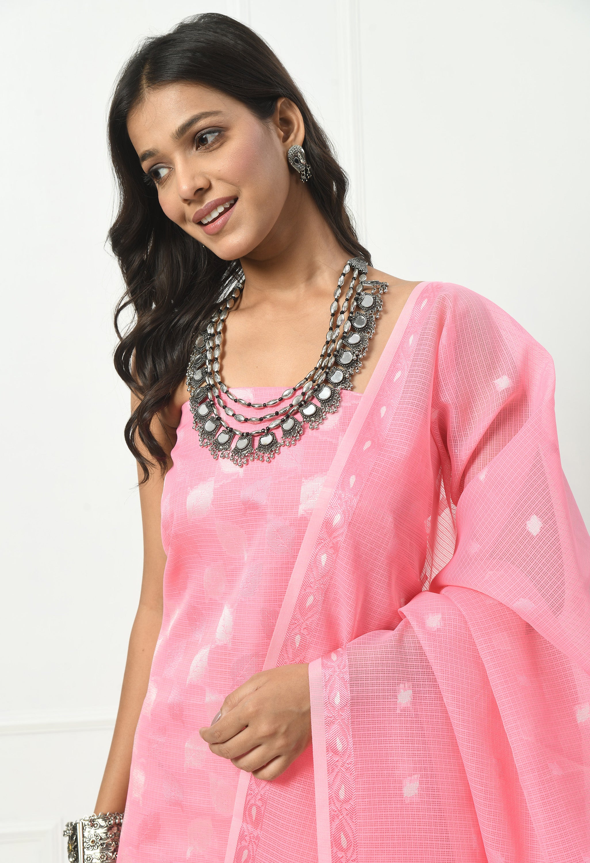 Pink Cotton with Leaf Design (Unstitched Suit)