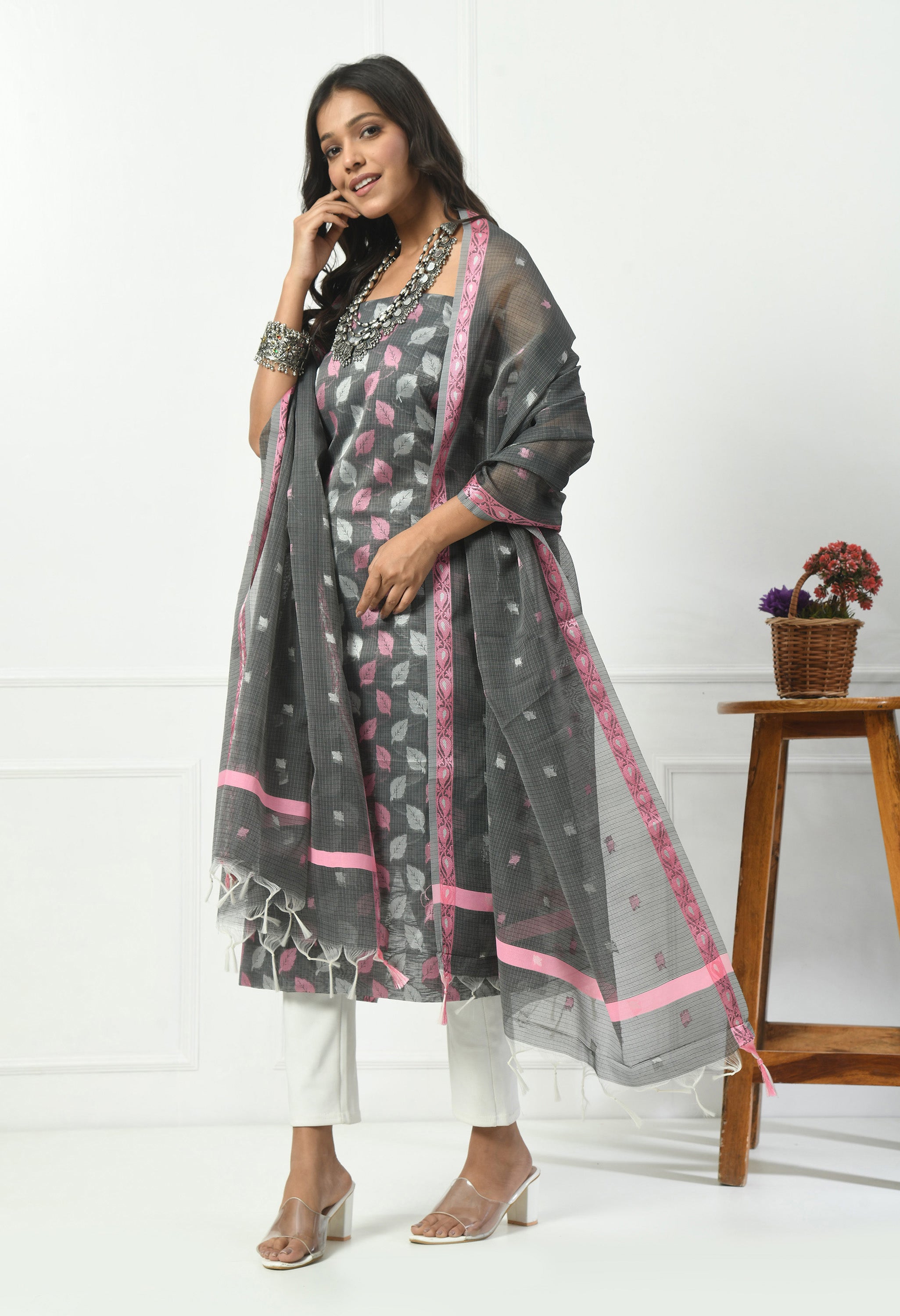 Grey Cotton with Leaf Design (Unstitched Suit)