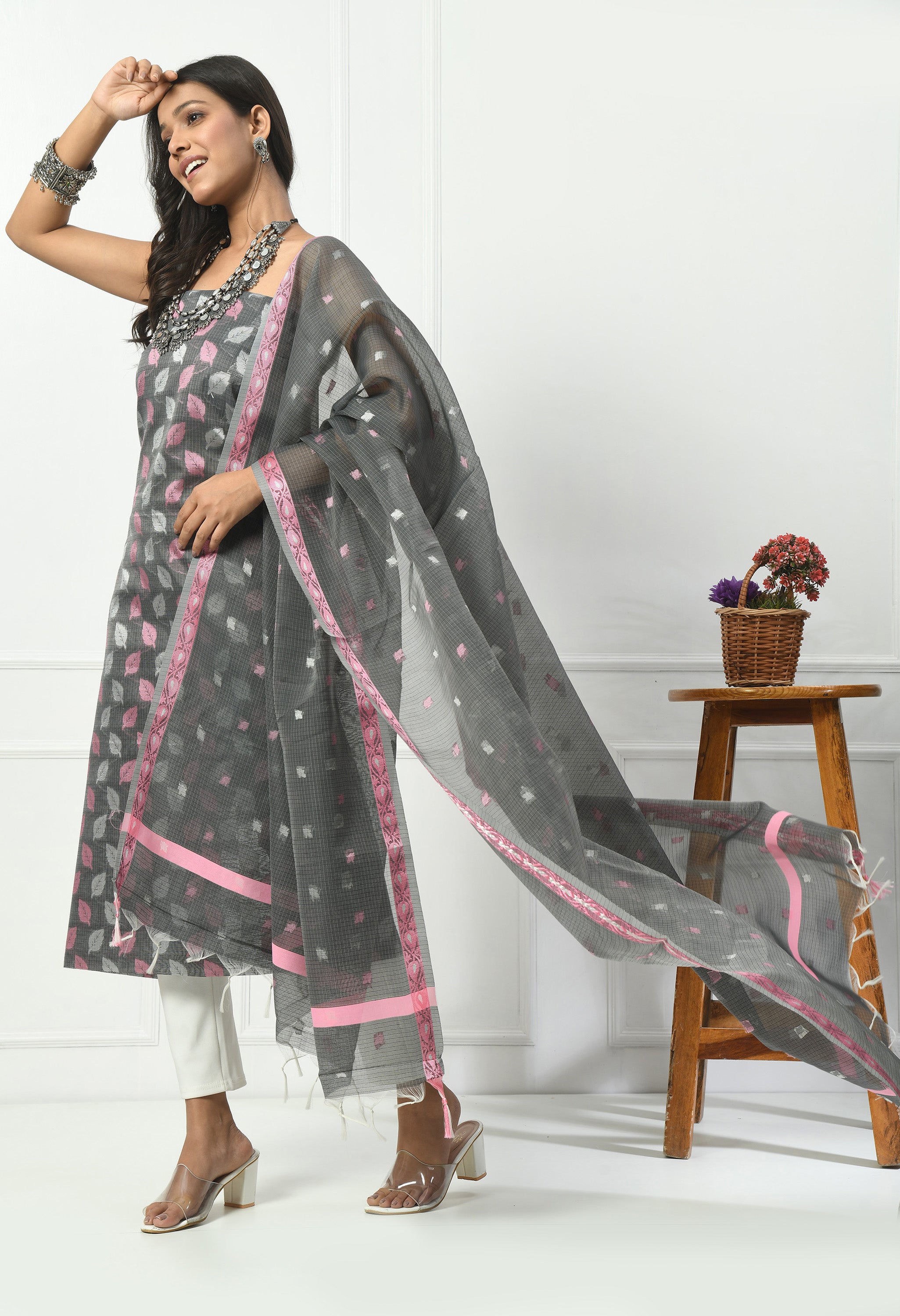 Grey Cotton with Leaf Design (Unstitched Suit)