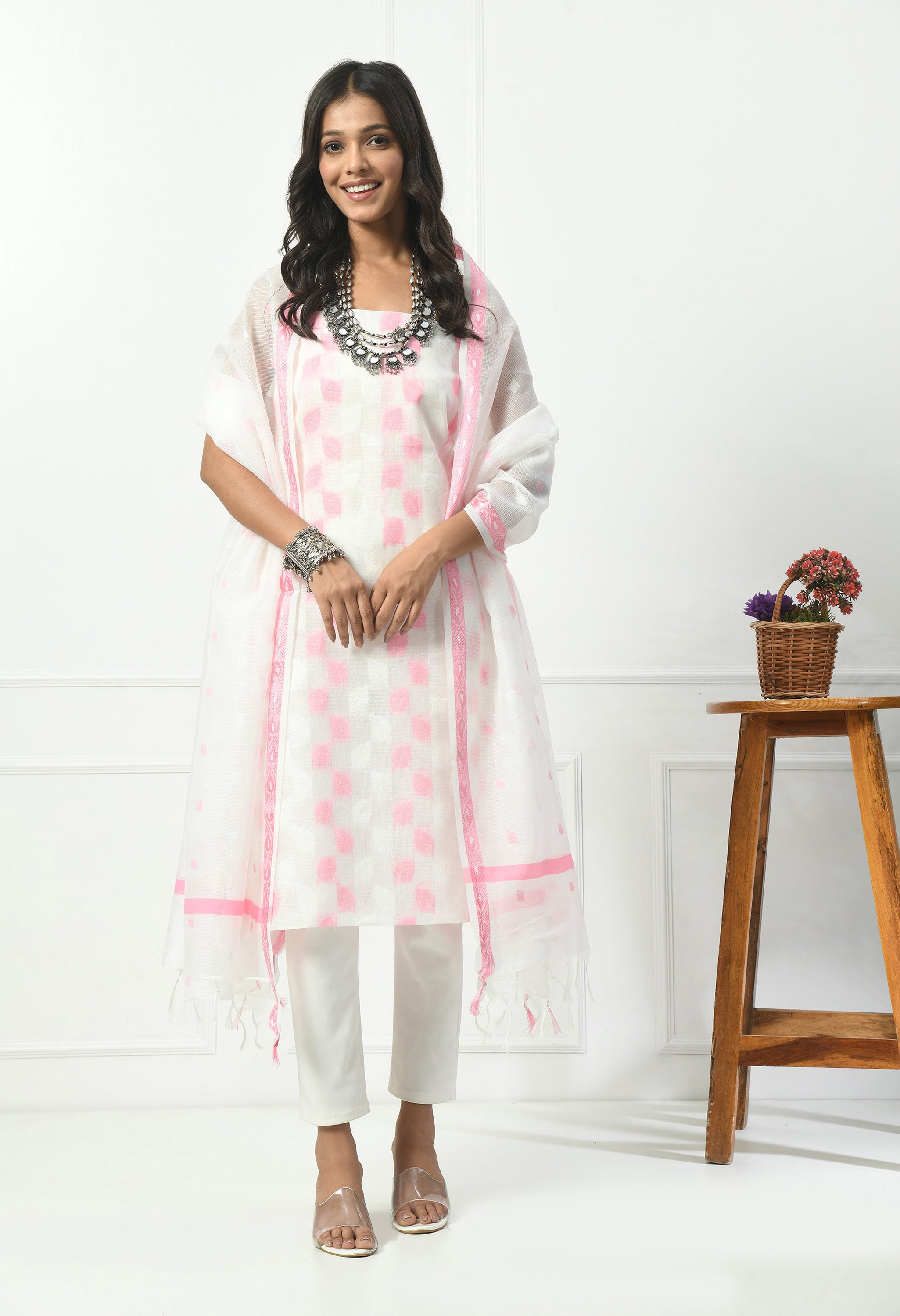 White Cotton with Pink Leaf Design (Unstitched Suit)