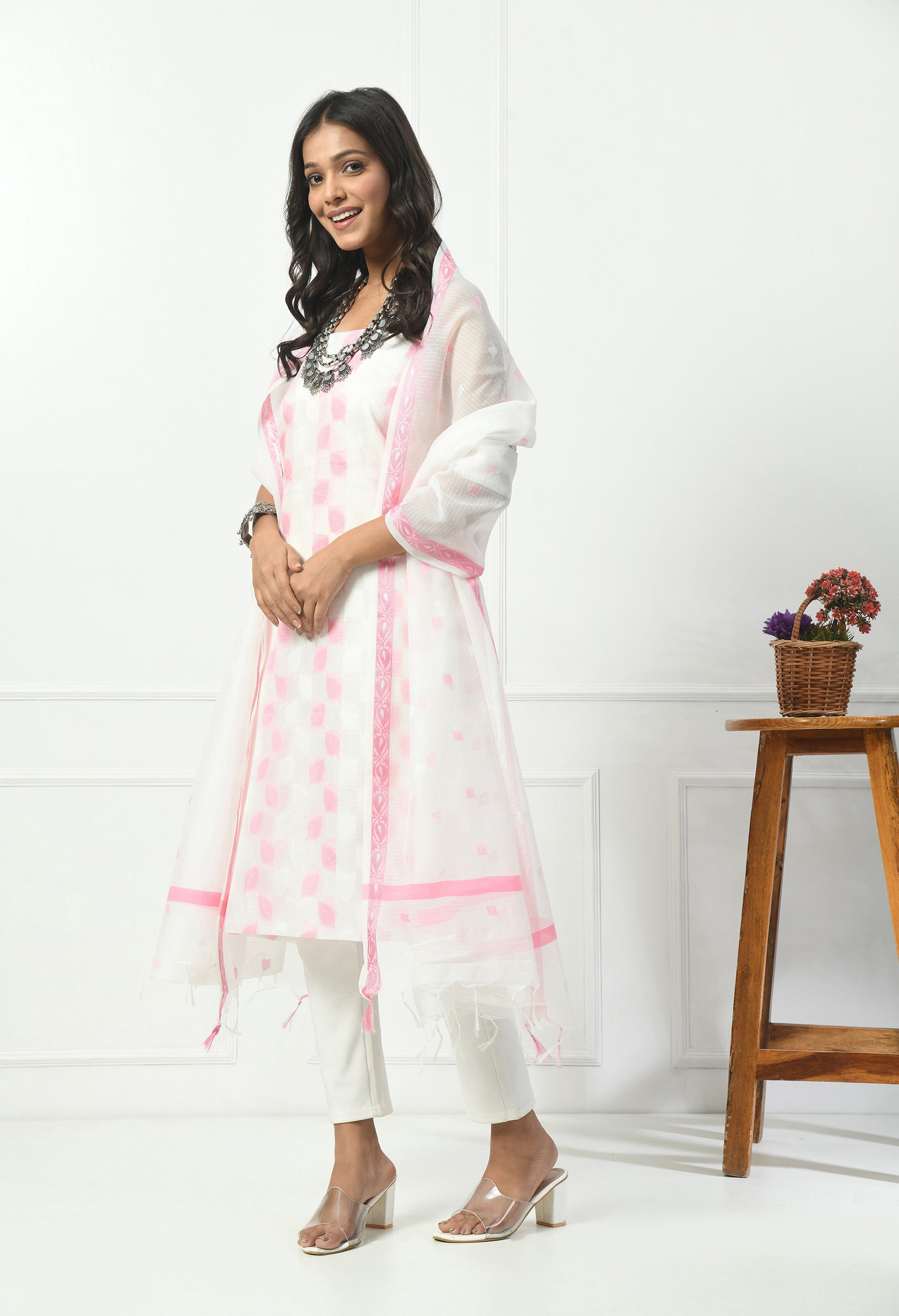 White Cotton with Pink Leaf Design (Unstitched Suit)