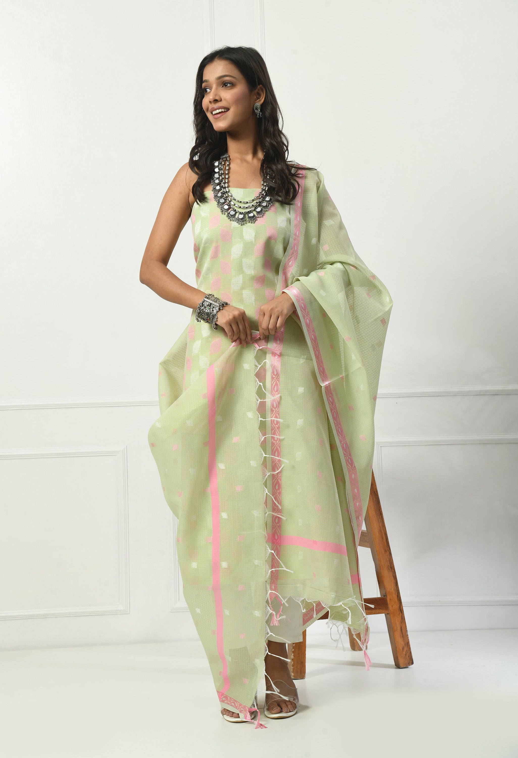 Pista Green Cotton with Leaf Design (Unstitched Suit)