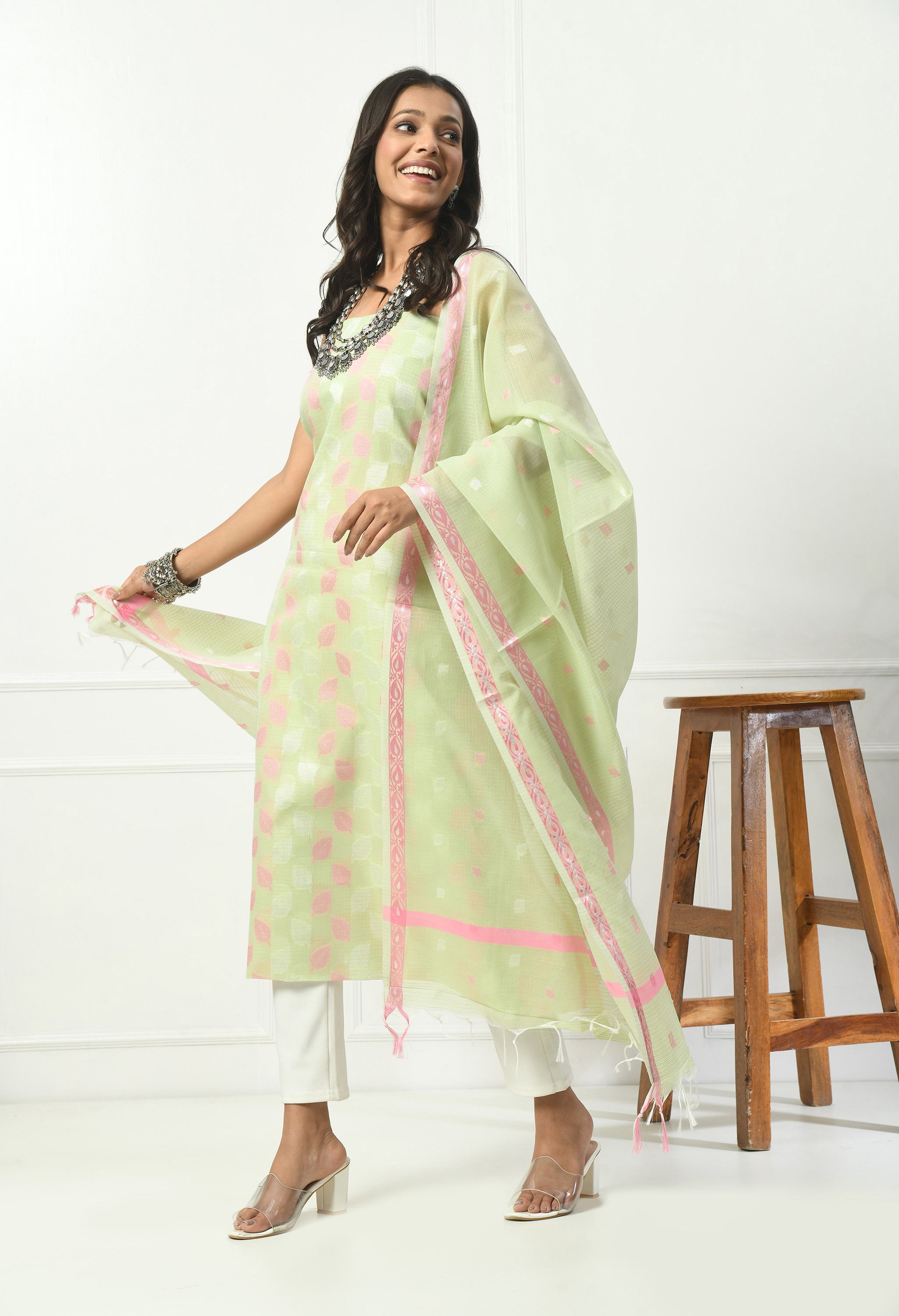 Pista Green Cotton with Leaf Design (Unstitched Suit)