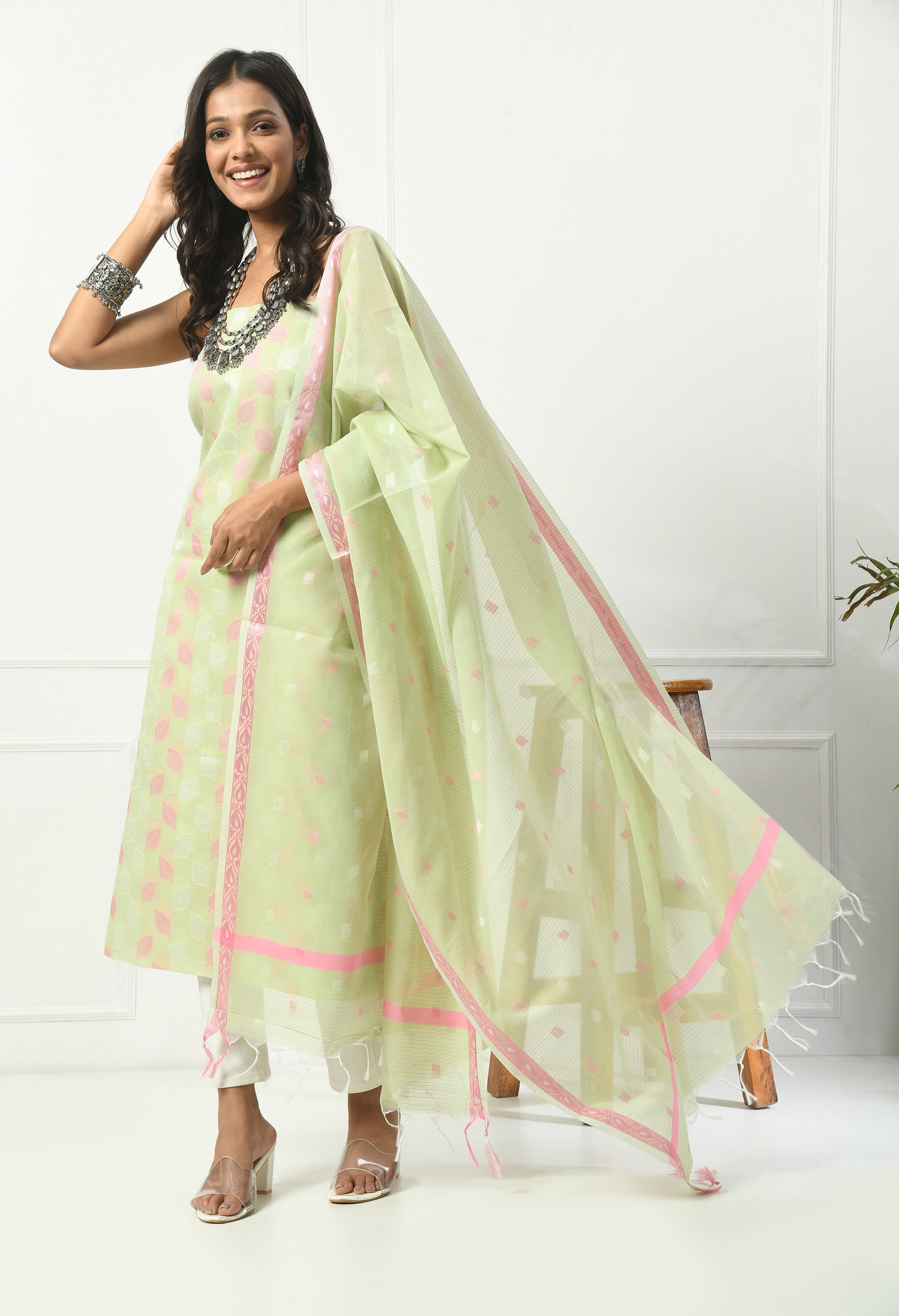 Pista Green Cotton with Leaf Design (Unstitched Suit)