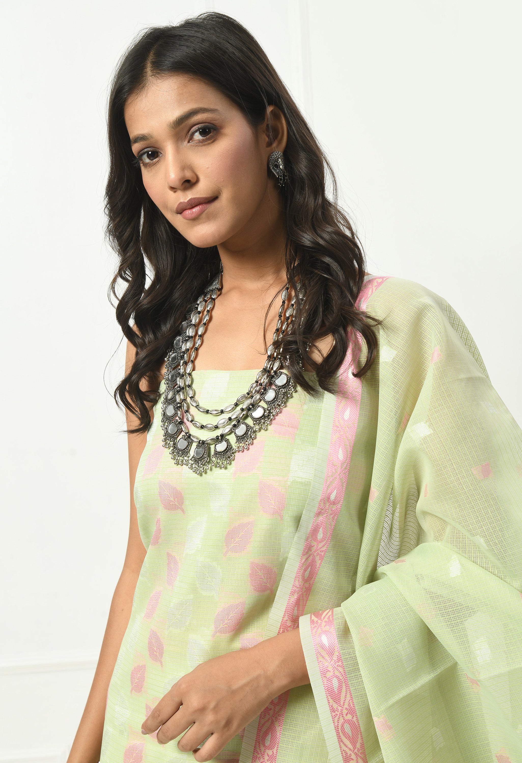 Pista Green Cotton with Leaf Design (Unstitched Suit)