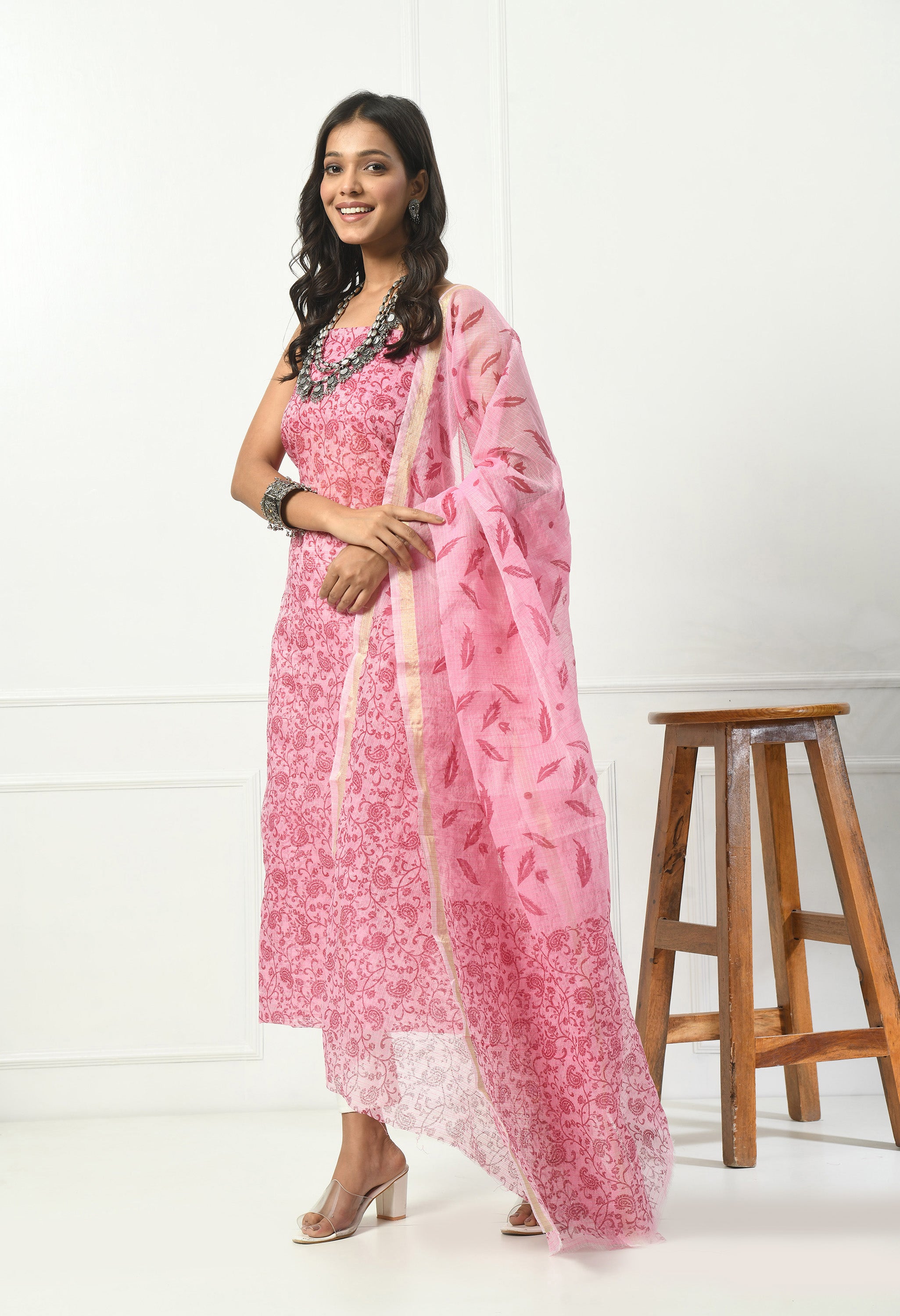 Pink Cotton with Paisley Pattern (Unstitched Suit)