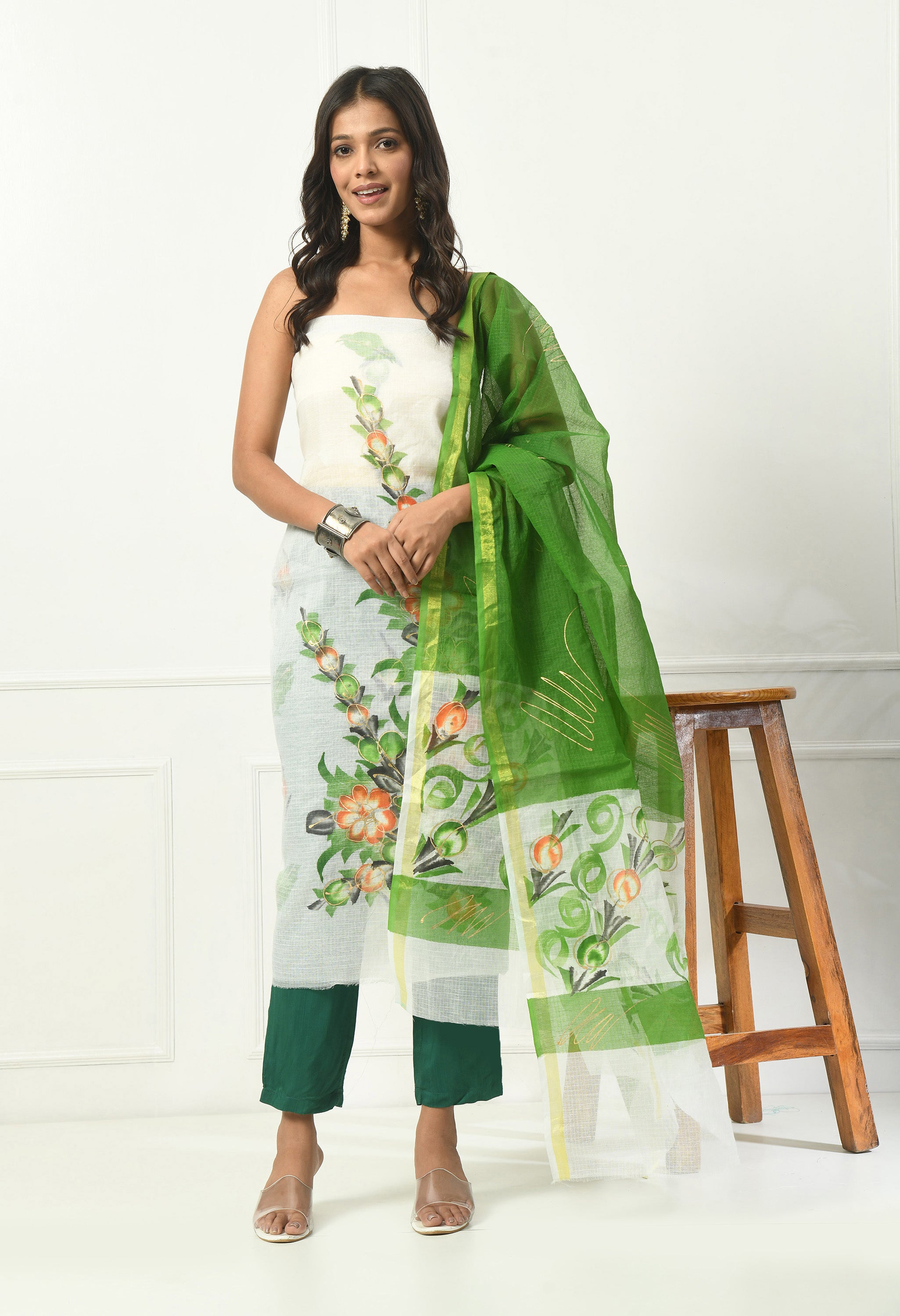 White & Green Cotton with Brush Painting Pattern (Unstitched Suit)