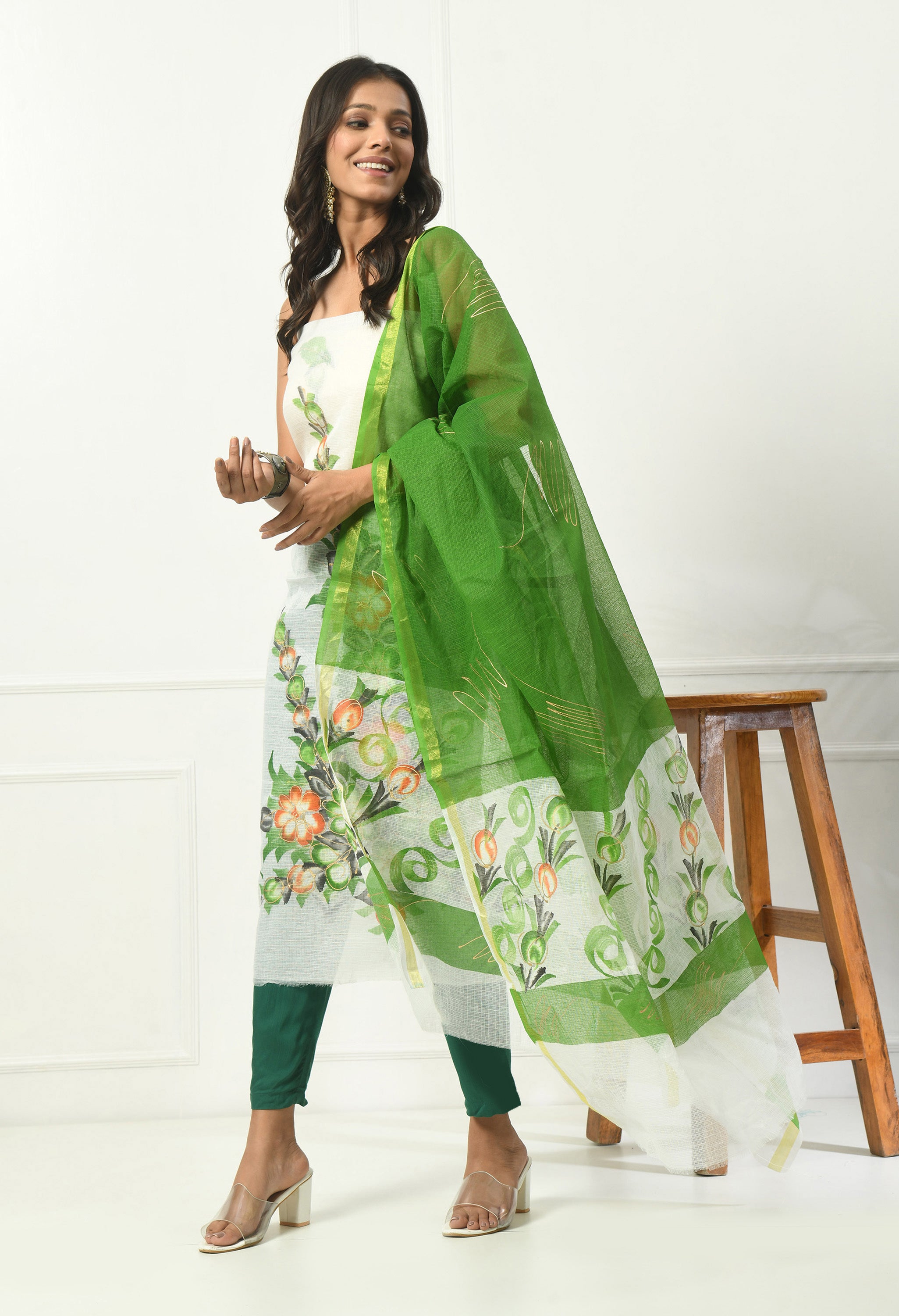 White & Green Cotton with Brush Painting Pattern (Unstitched Suit)