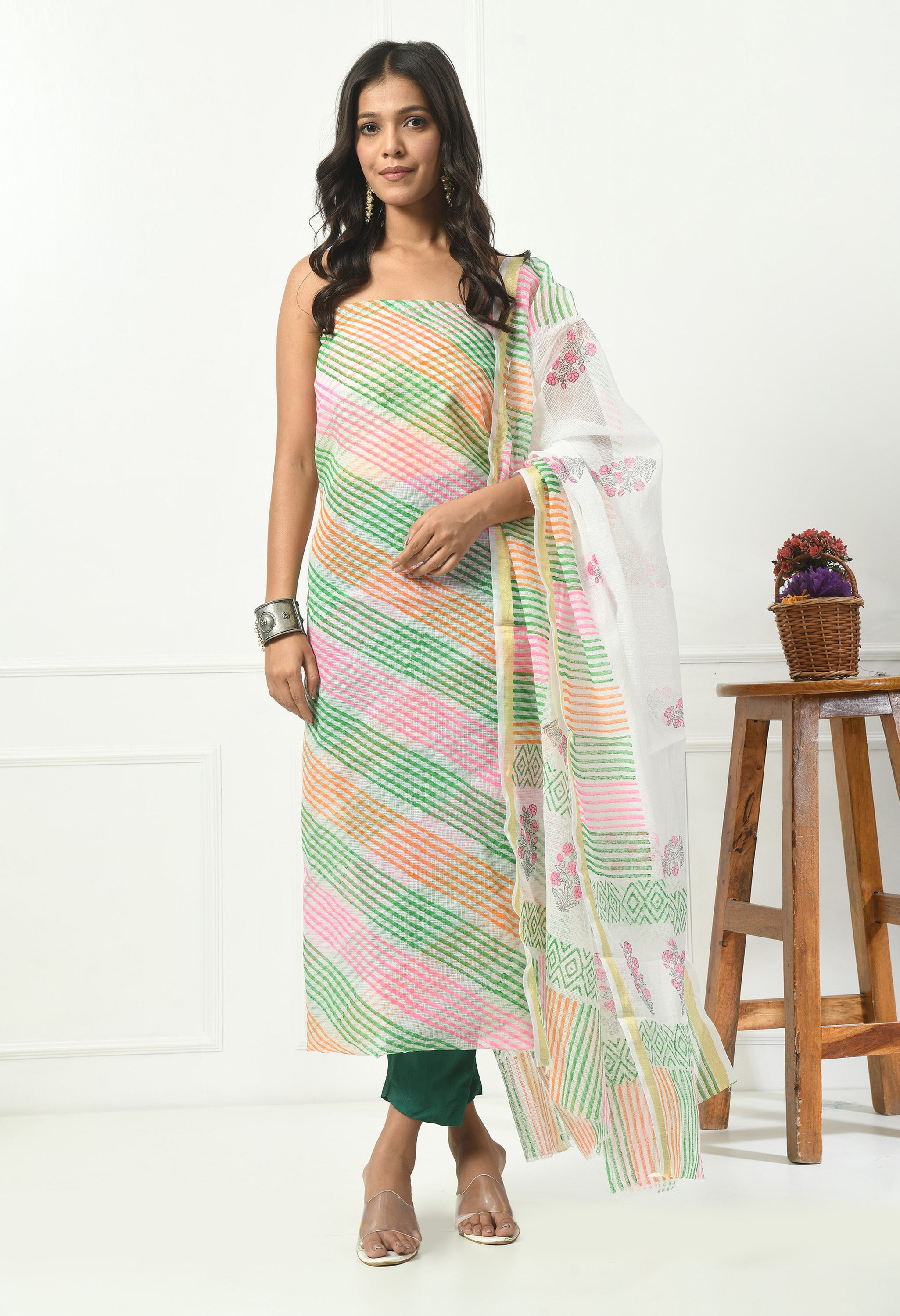 Multi Color Kota Doria Lehariya in Green Hue (Unstitched Suit)