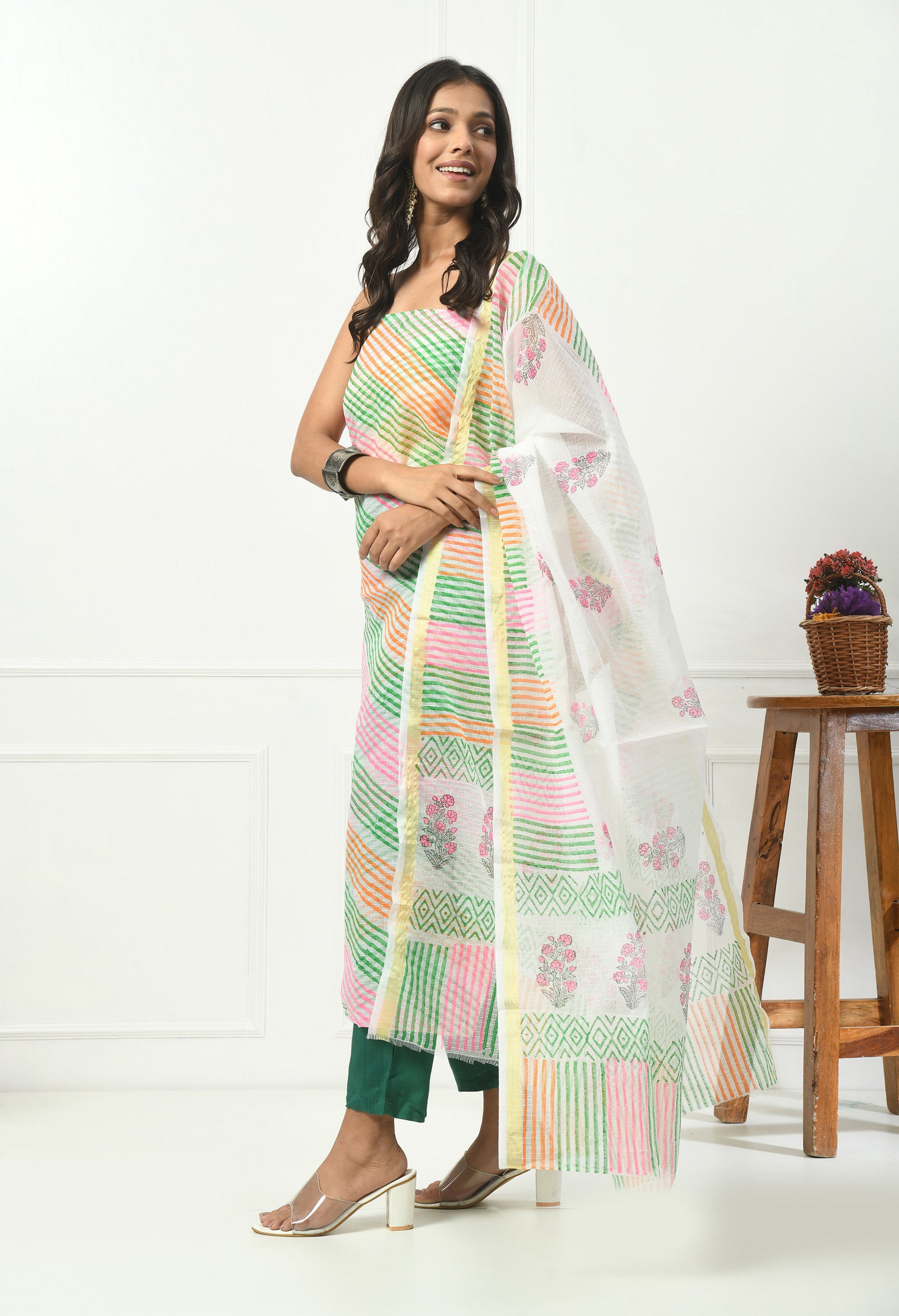 Multi Color Kota Doria Lehariya in Green Hue (Unstitched Suit)