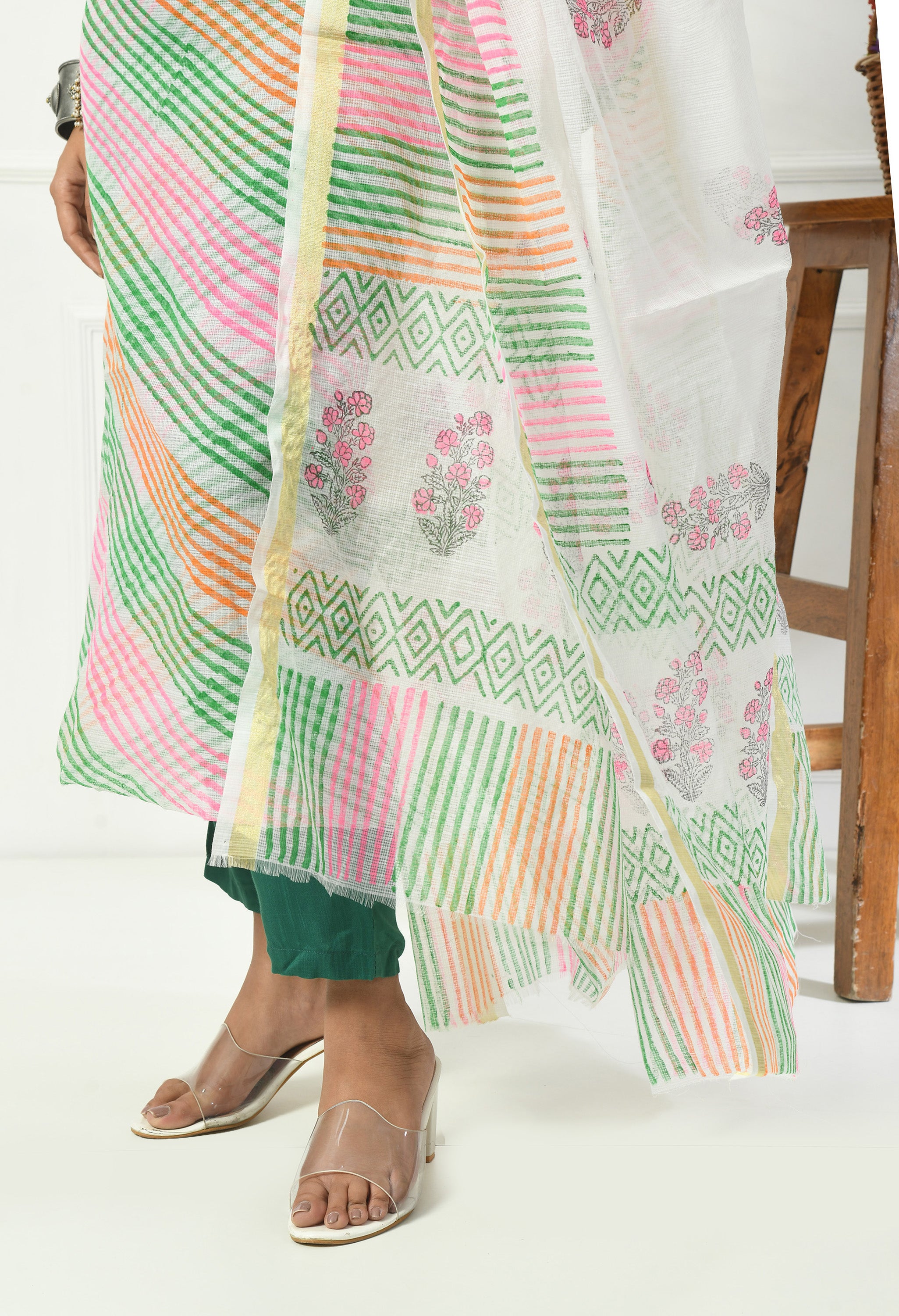 Multi Color Kota Doria Lehariya in Green Hue (Unstitched Suit)