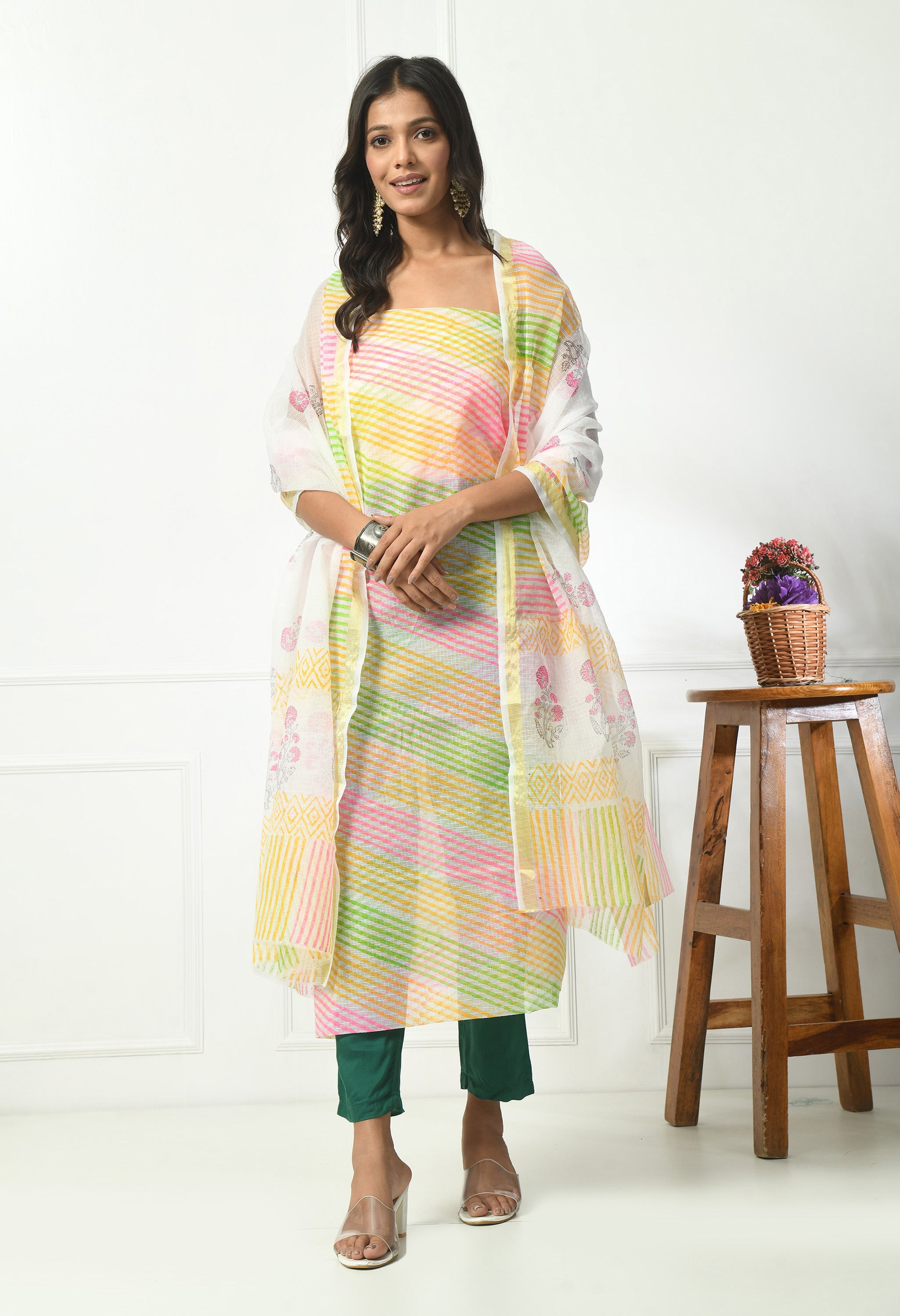 Multi Color Kota Doria Lehariya (Unstitched Suit)