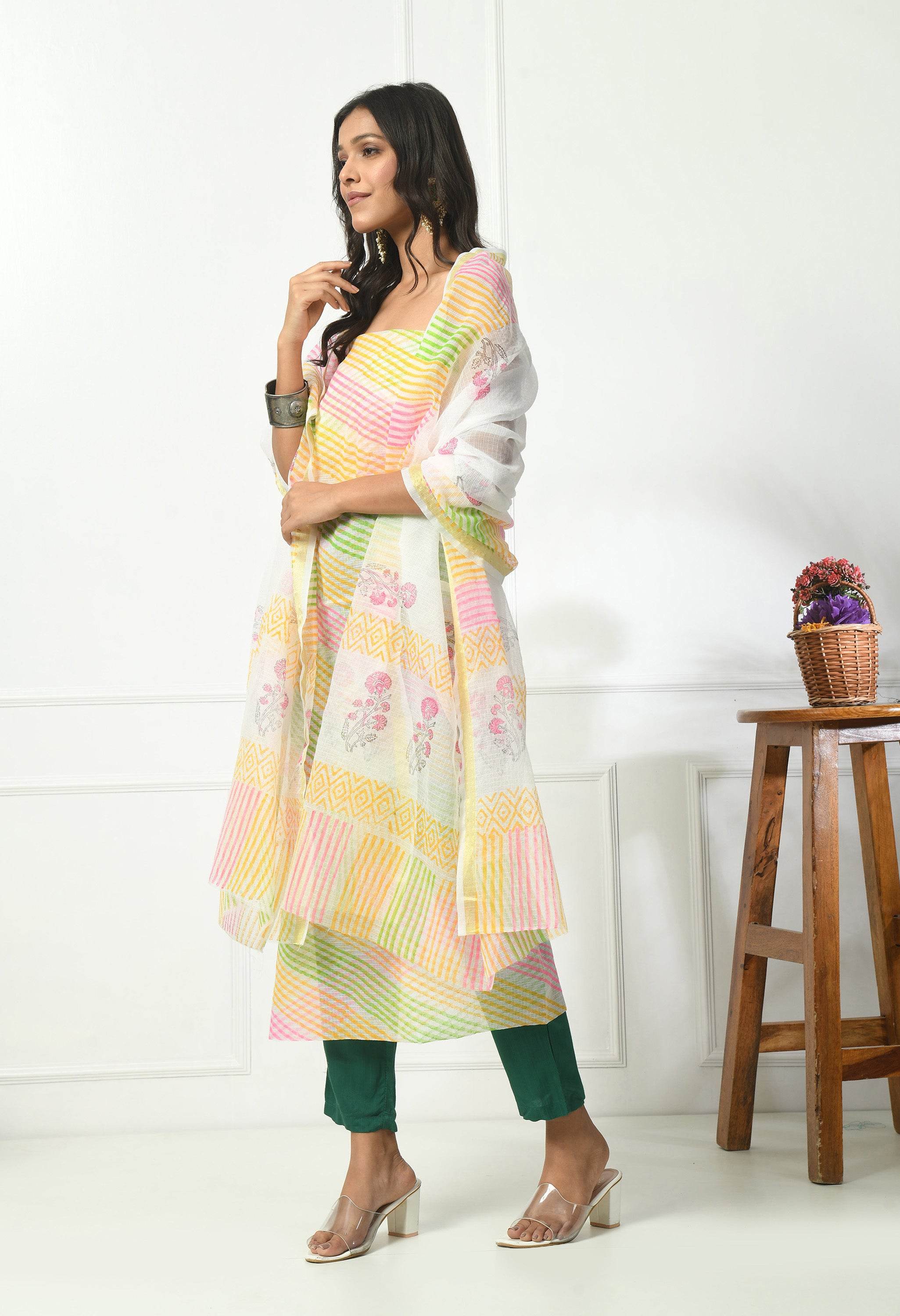 Multi Color Kota Doria Lehariya (Unstitched Suit)