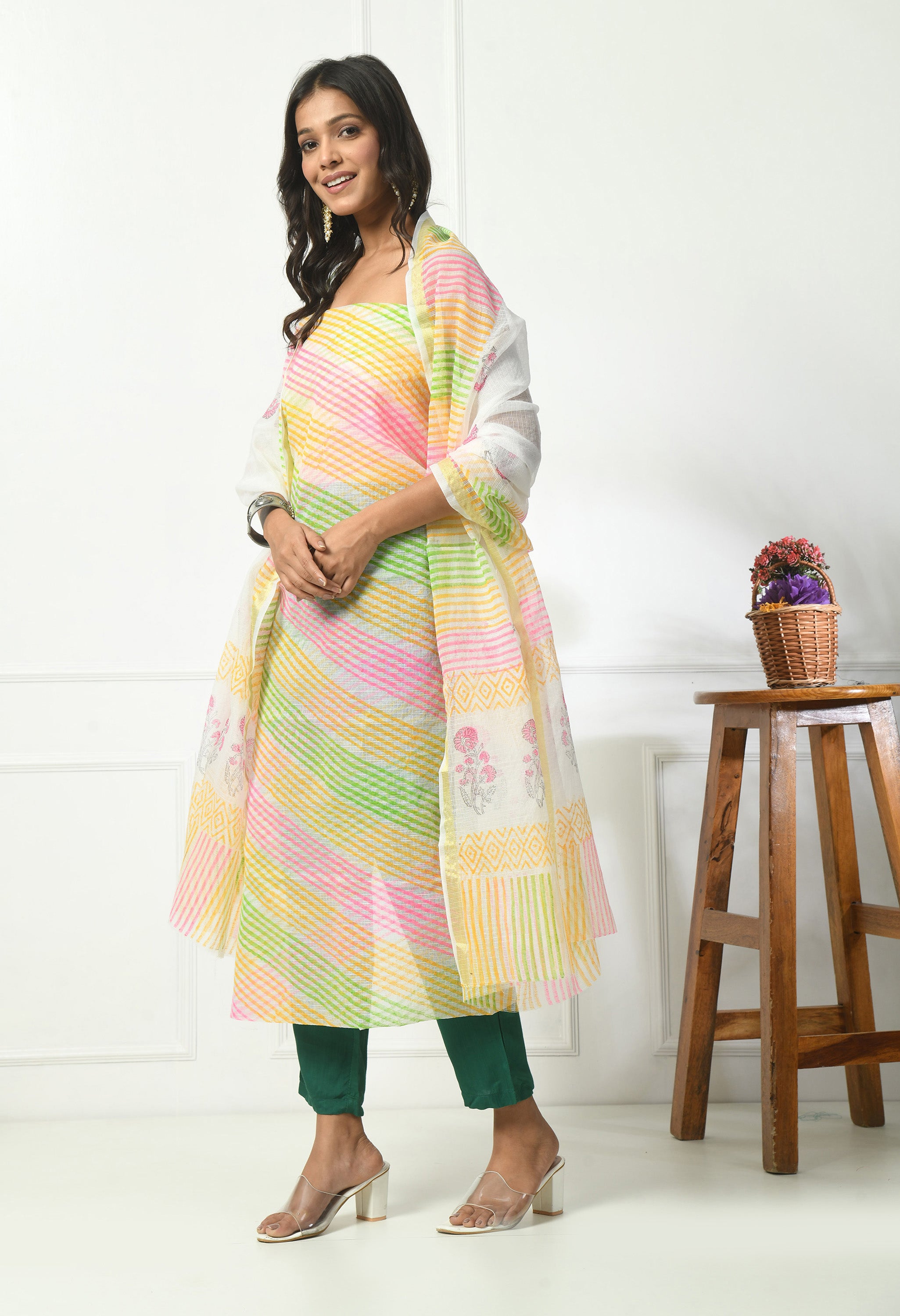 Multi Color Kota Doria Lehariya (Unstitched Suit)