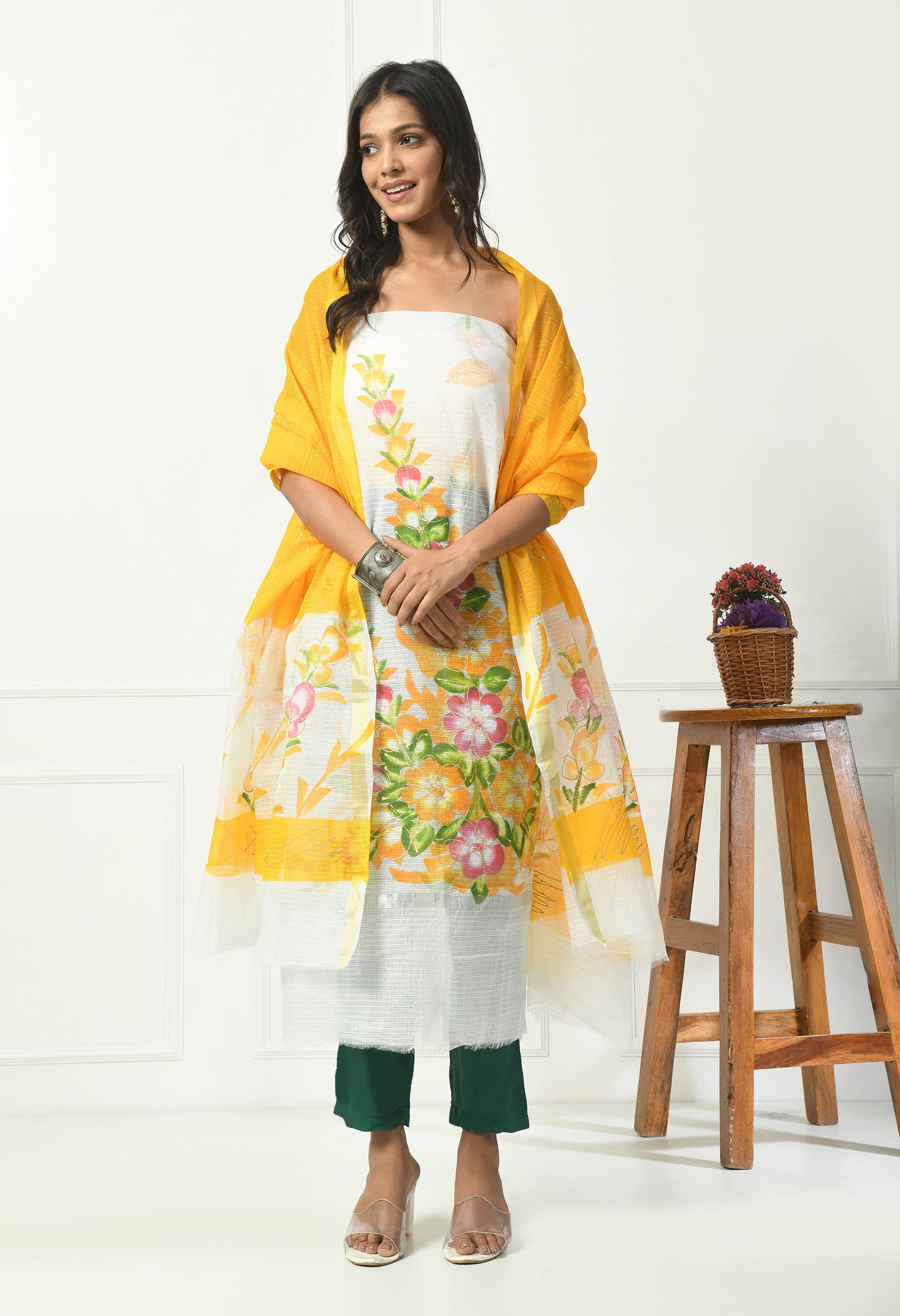 White & Yellow Cotton with Brush Painting Pattern (Unstitched Suit)