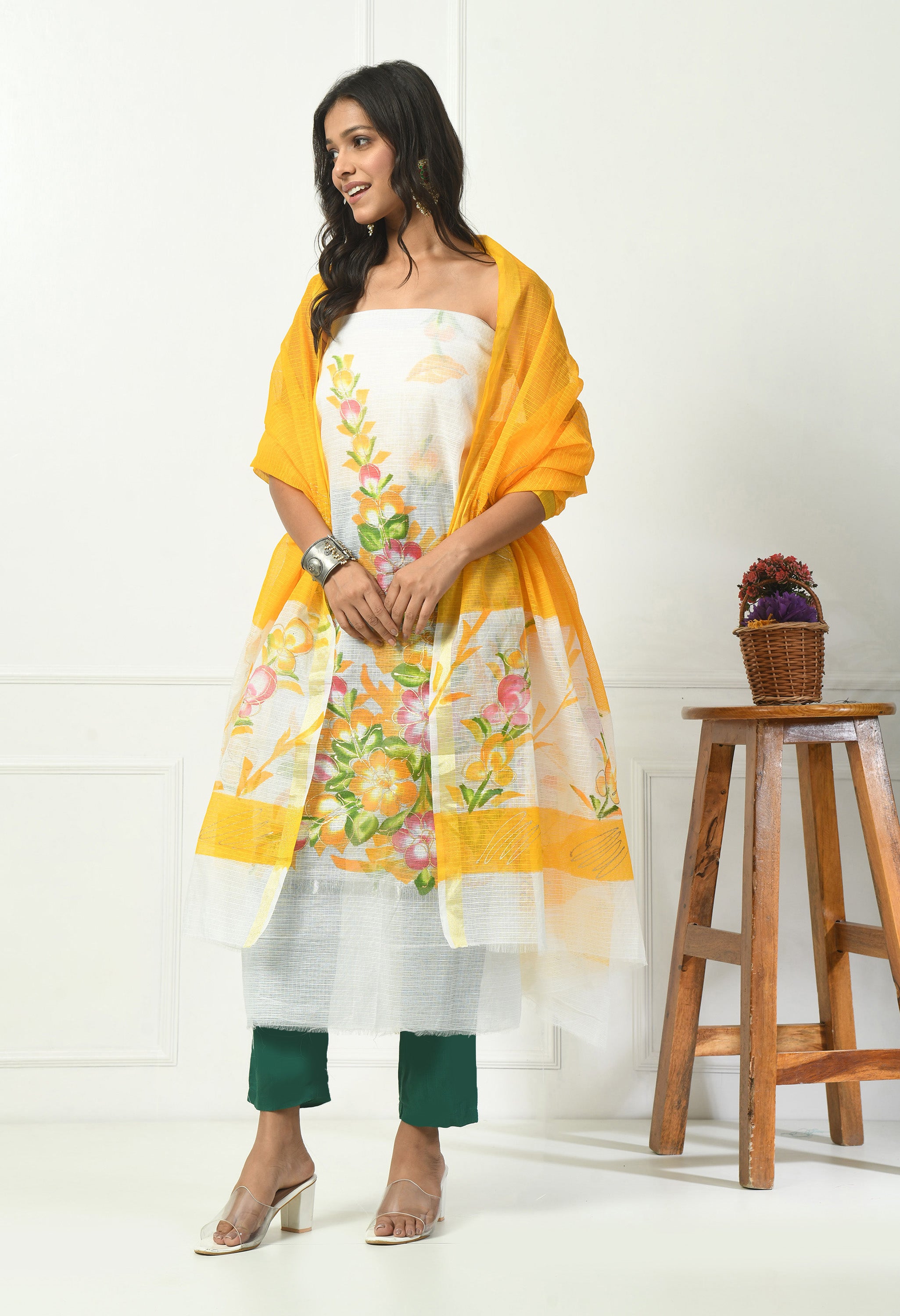 White & Yellow Cotton with Brush Painting Pattern (Unstitched Suit)