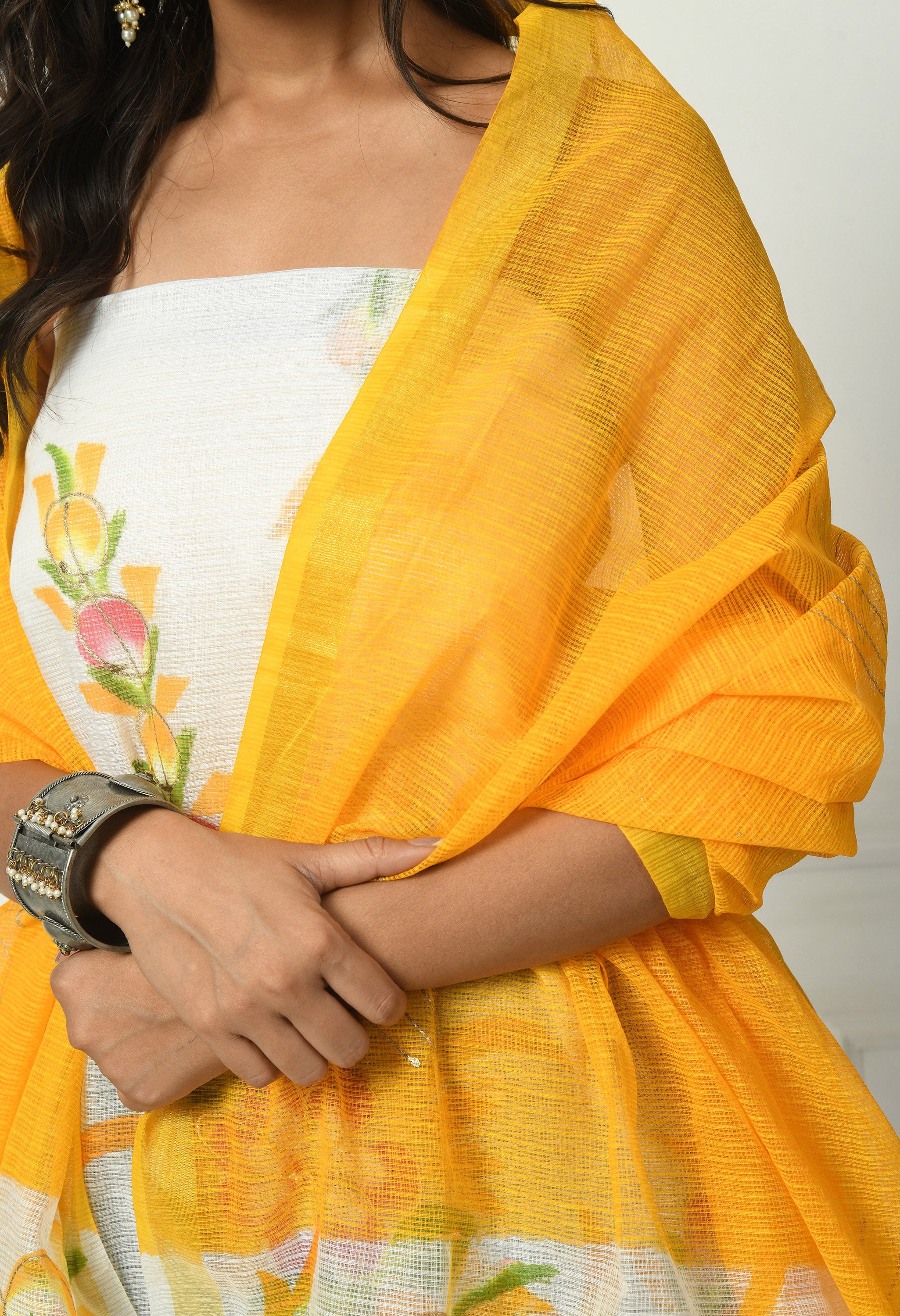 White & Yellow Cotton with Brush Painting Pattern (Unstitched Suit)