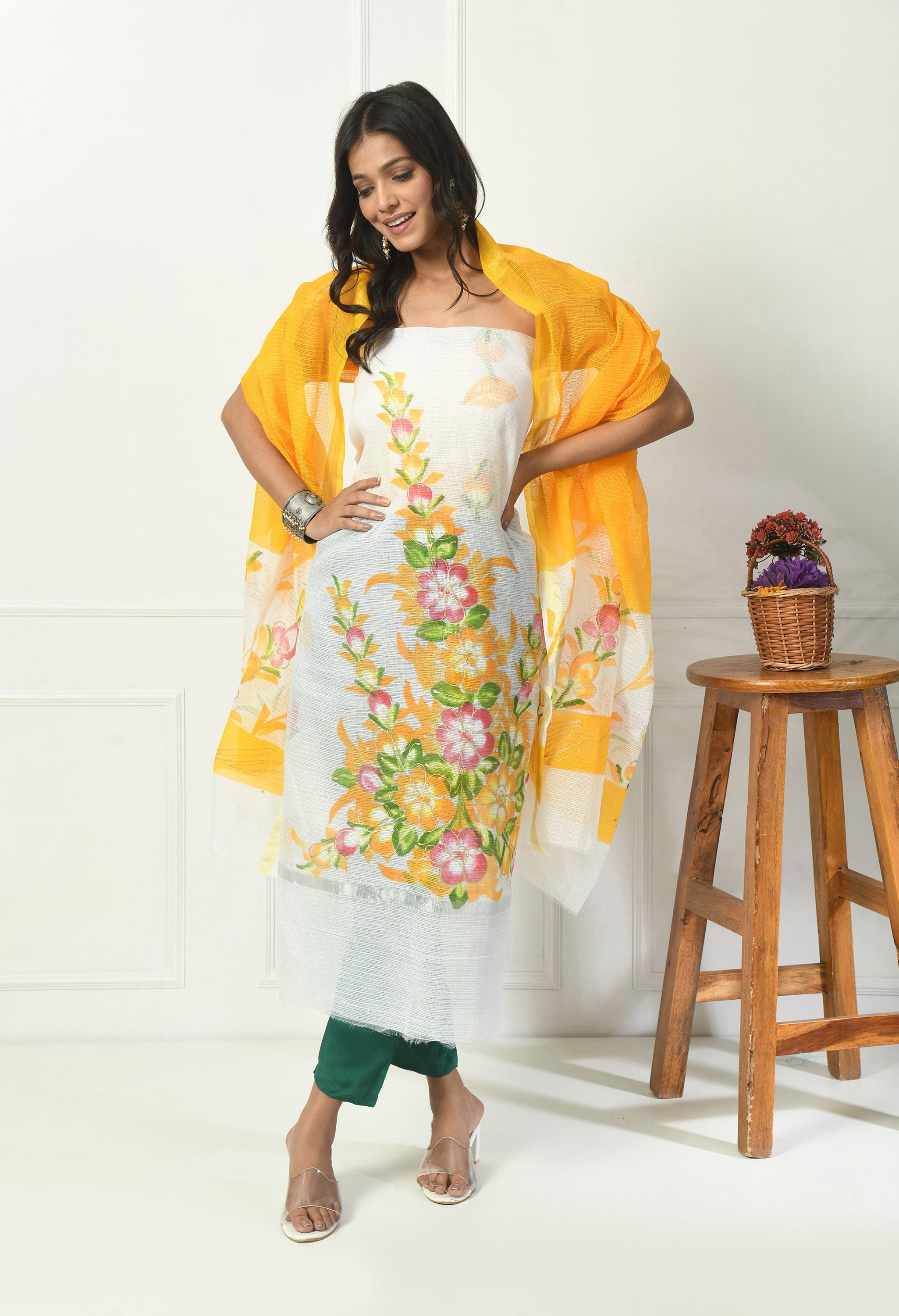 White & Yellow Cotton with Brush Painting Pattern (Unstitched Suit)