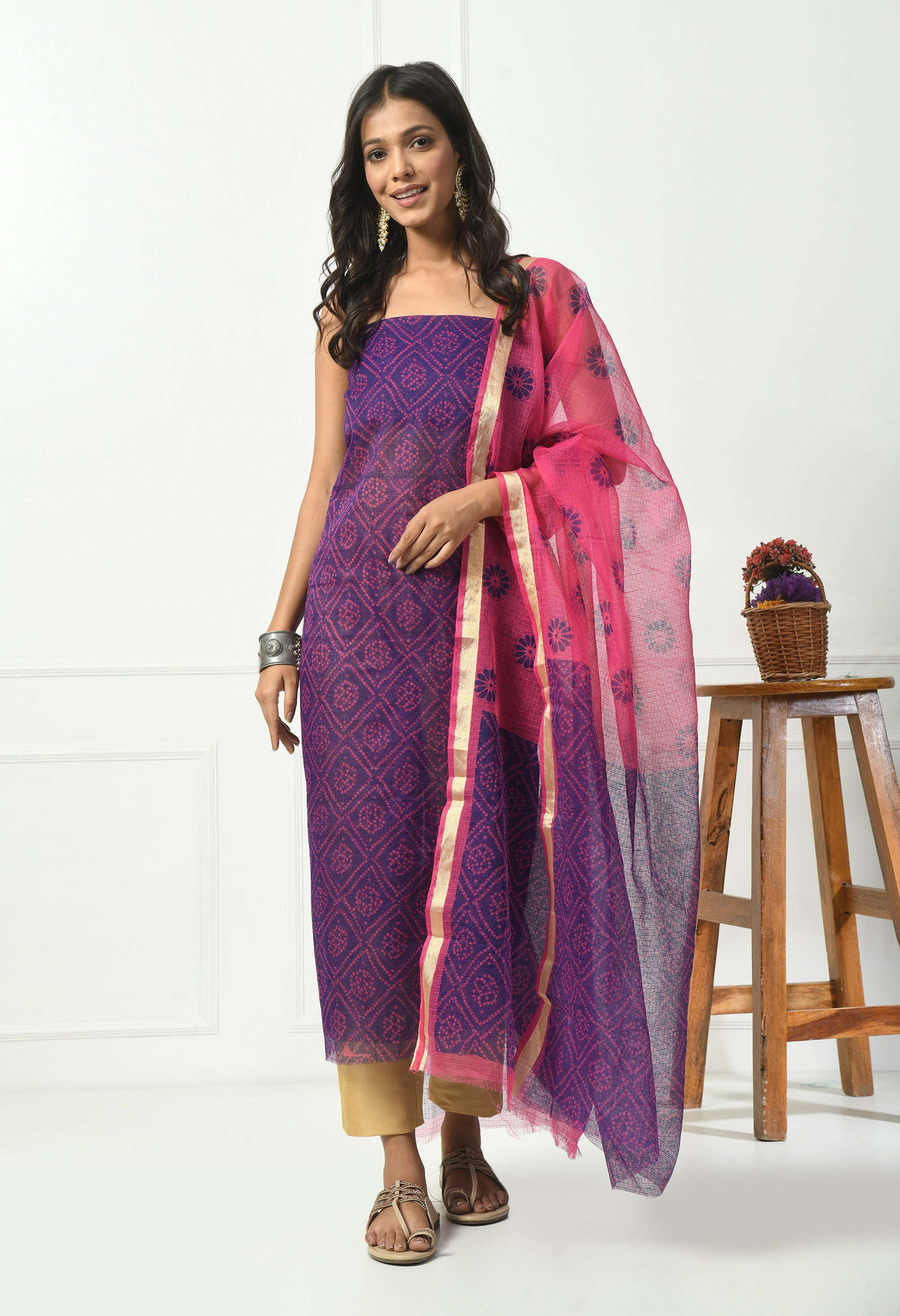 Purple Bandhani Kota Doria  (Unstitched Suit)