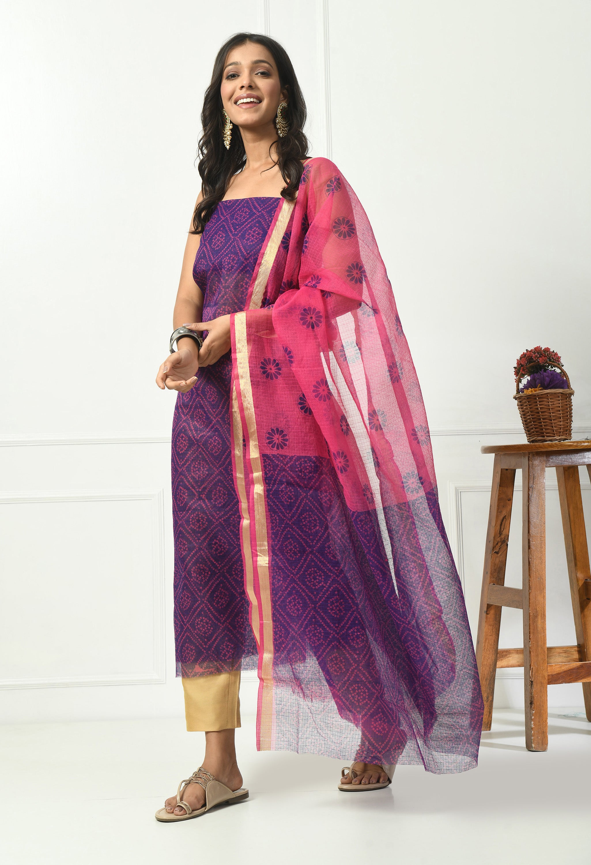 Purple Bandhani Kota Doria  (Unstitched Suit)