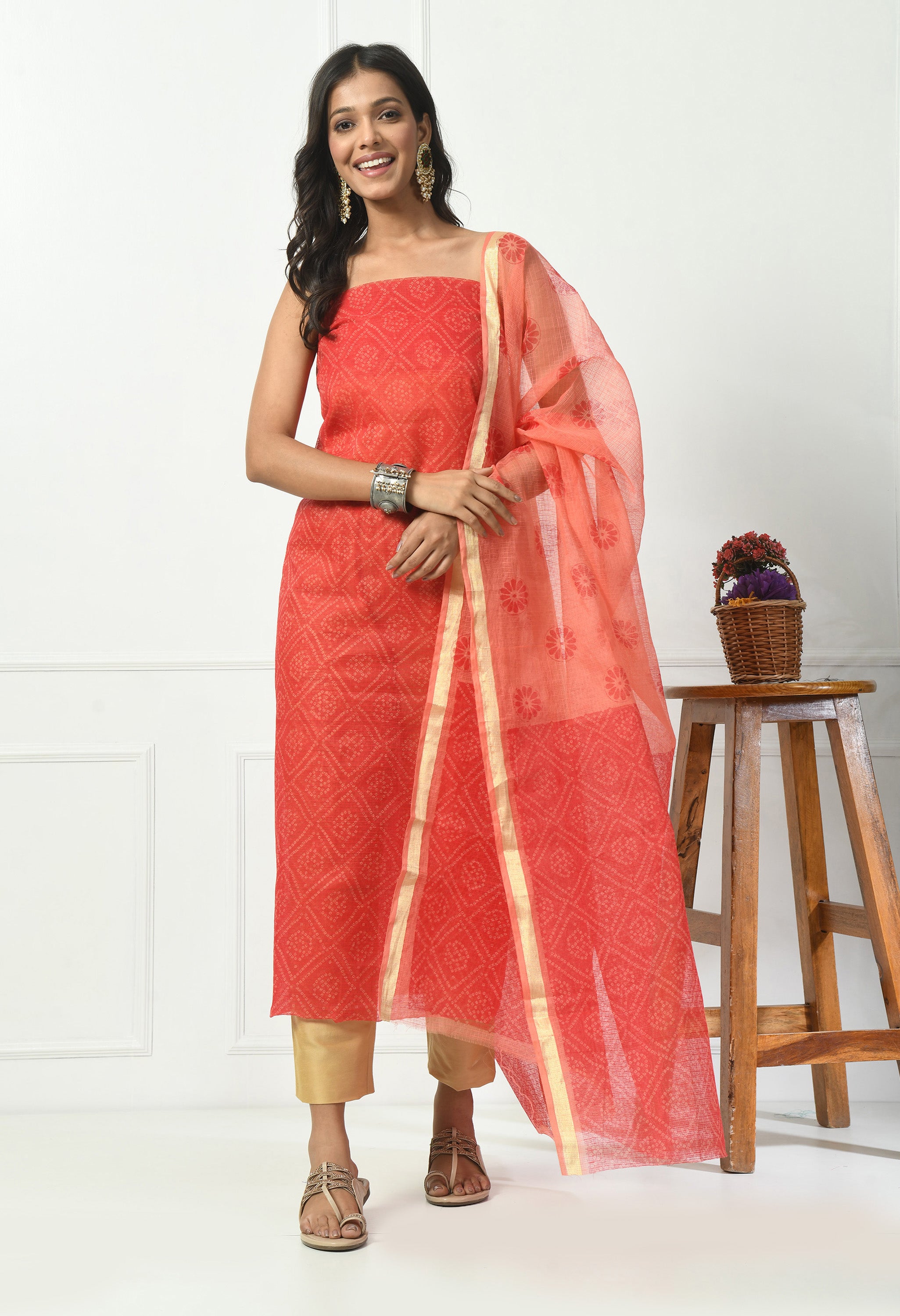 Red Bandhani Kota Doria  (Unstitched Suit)