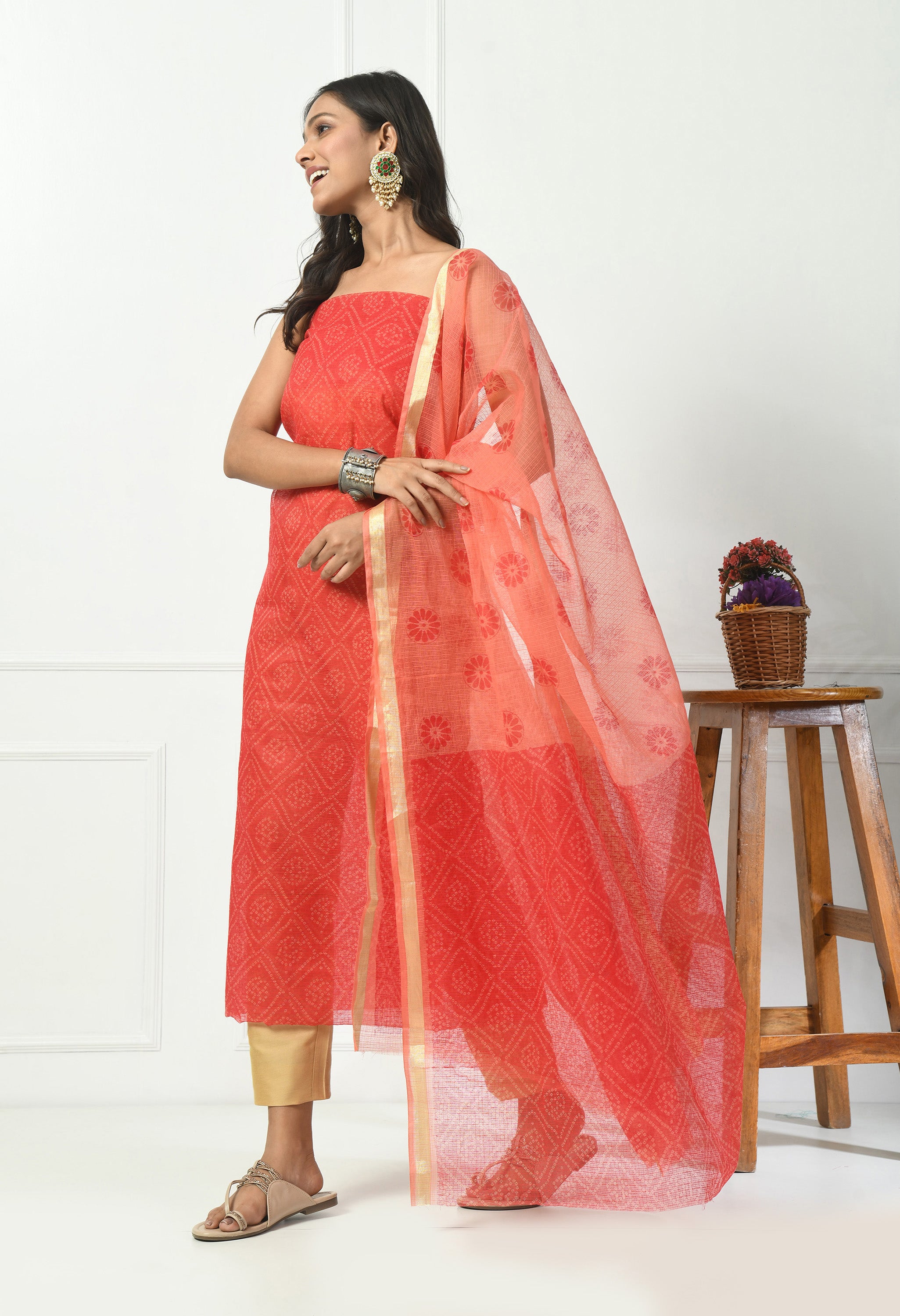 Red Bandhani Kota Doria  (Unstitched Suit)