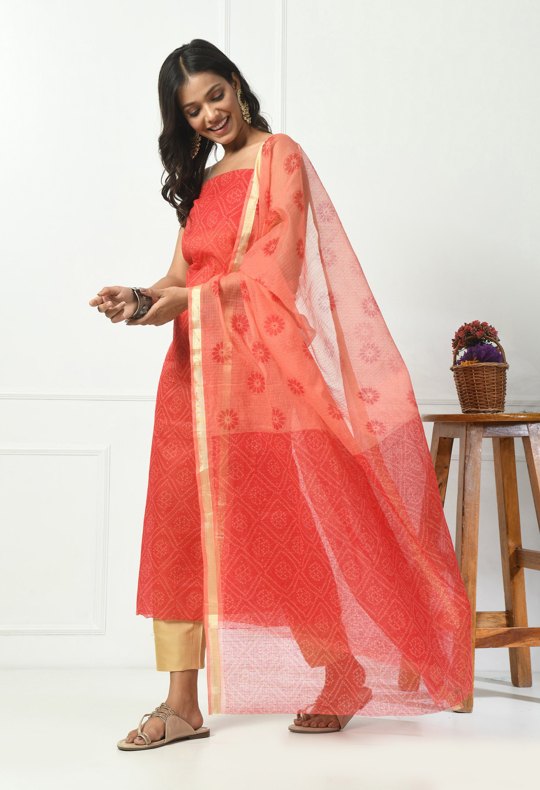 Red Bandhani Kota Doria  (Unstitched Suit)