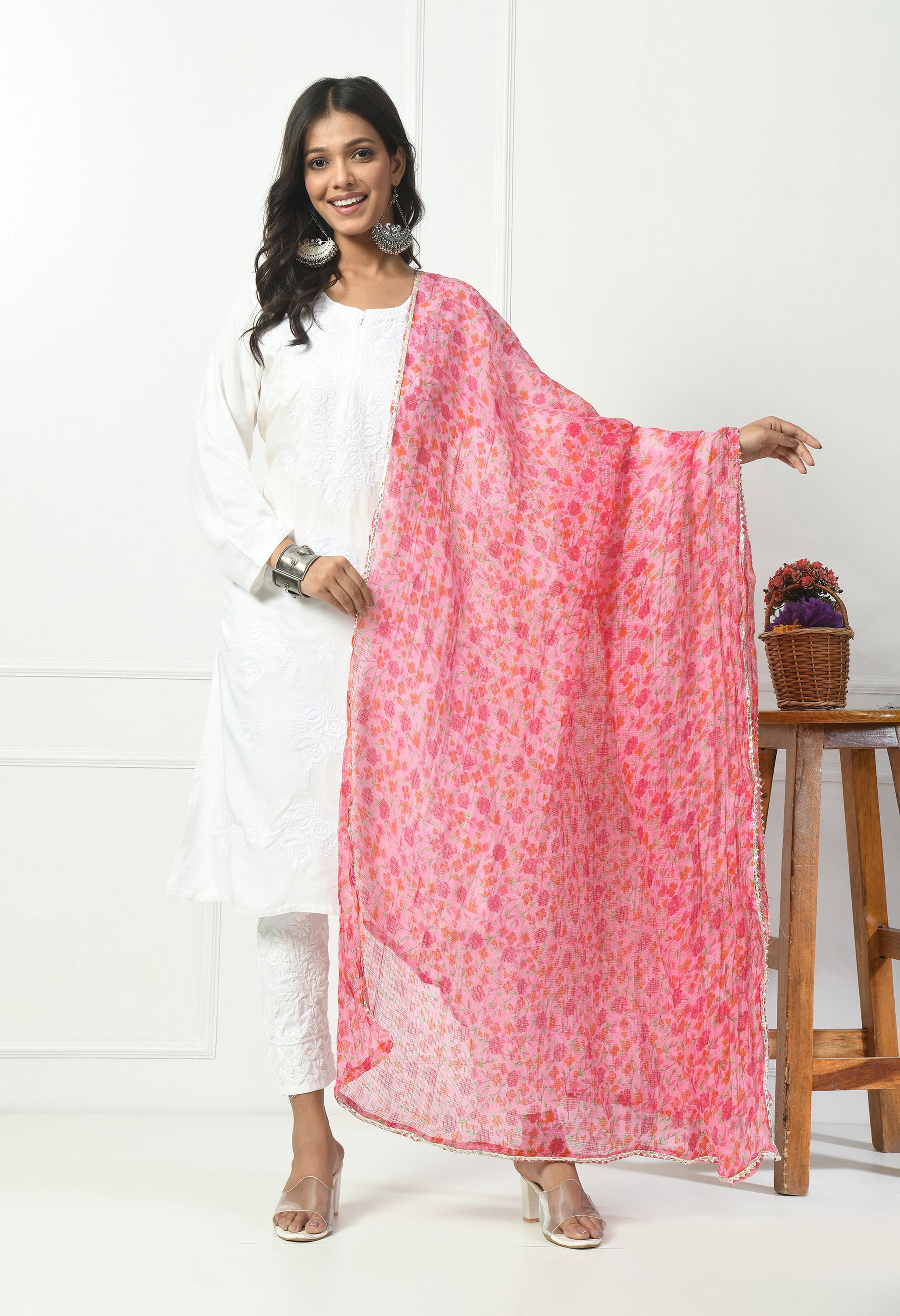 Floral Pink Kota Doria Cotton Dupatta