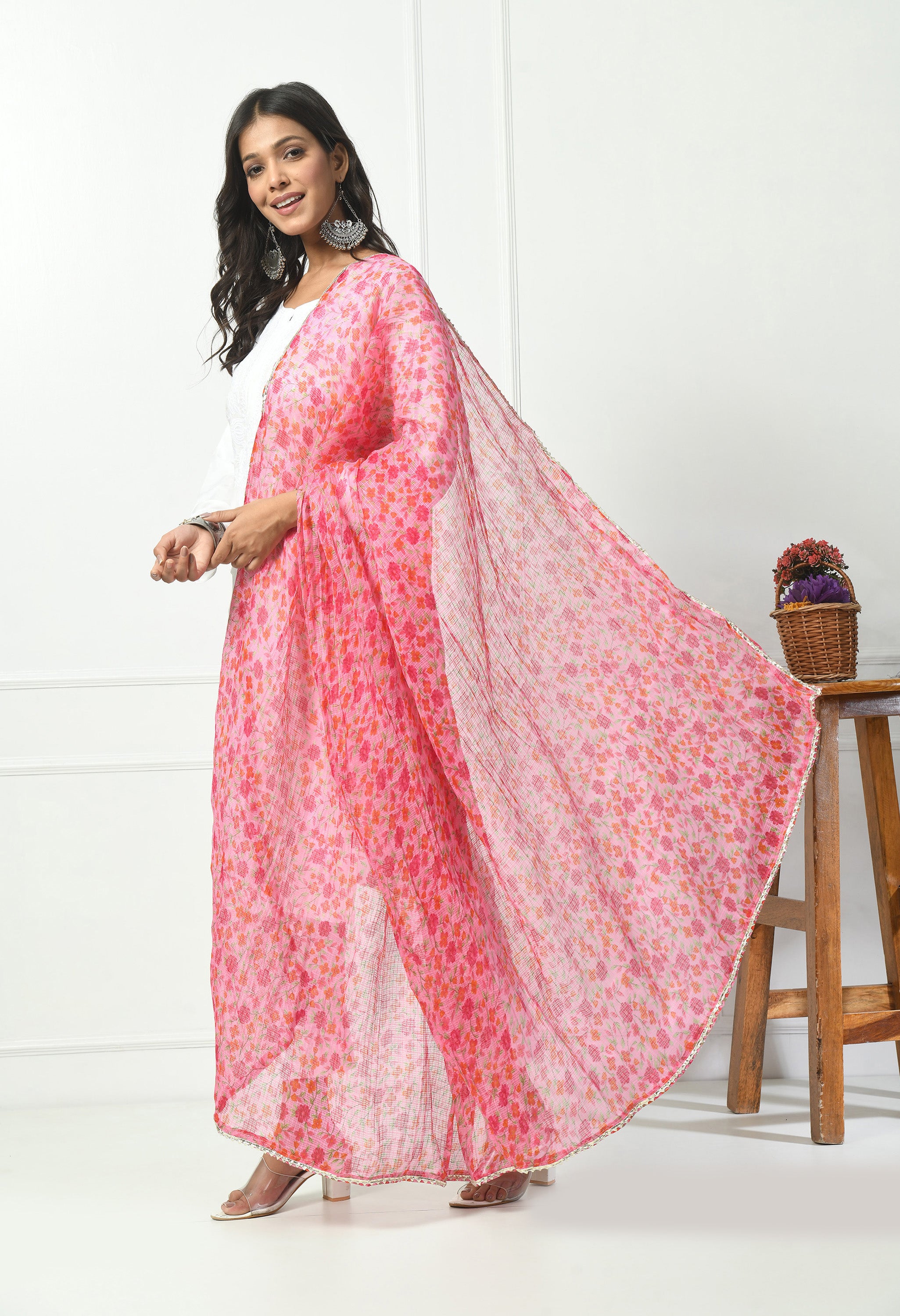 Floral Pink Kota Doria Cotton Dupatta