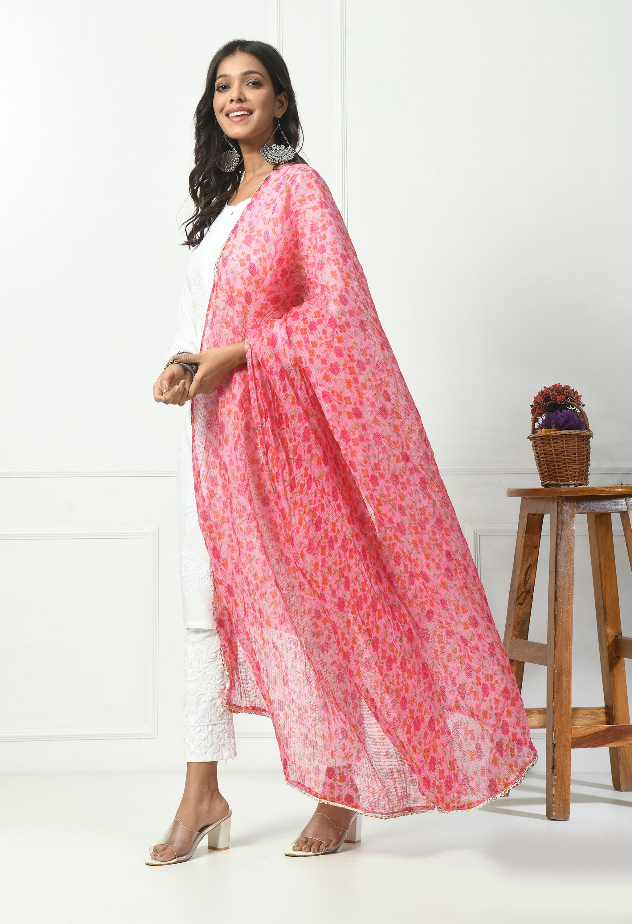 Floral Pink Kota Doria Cotton Dupatta